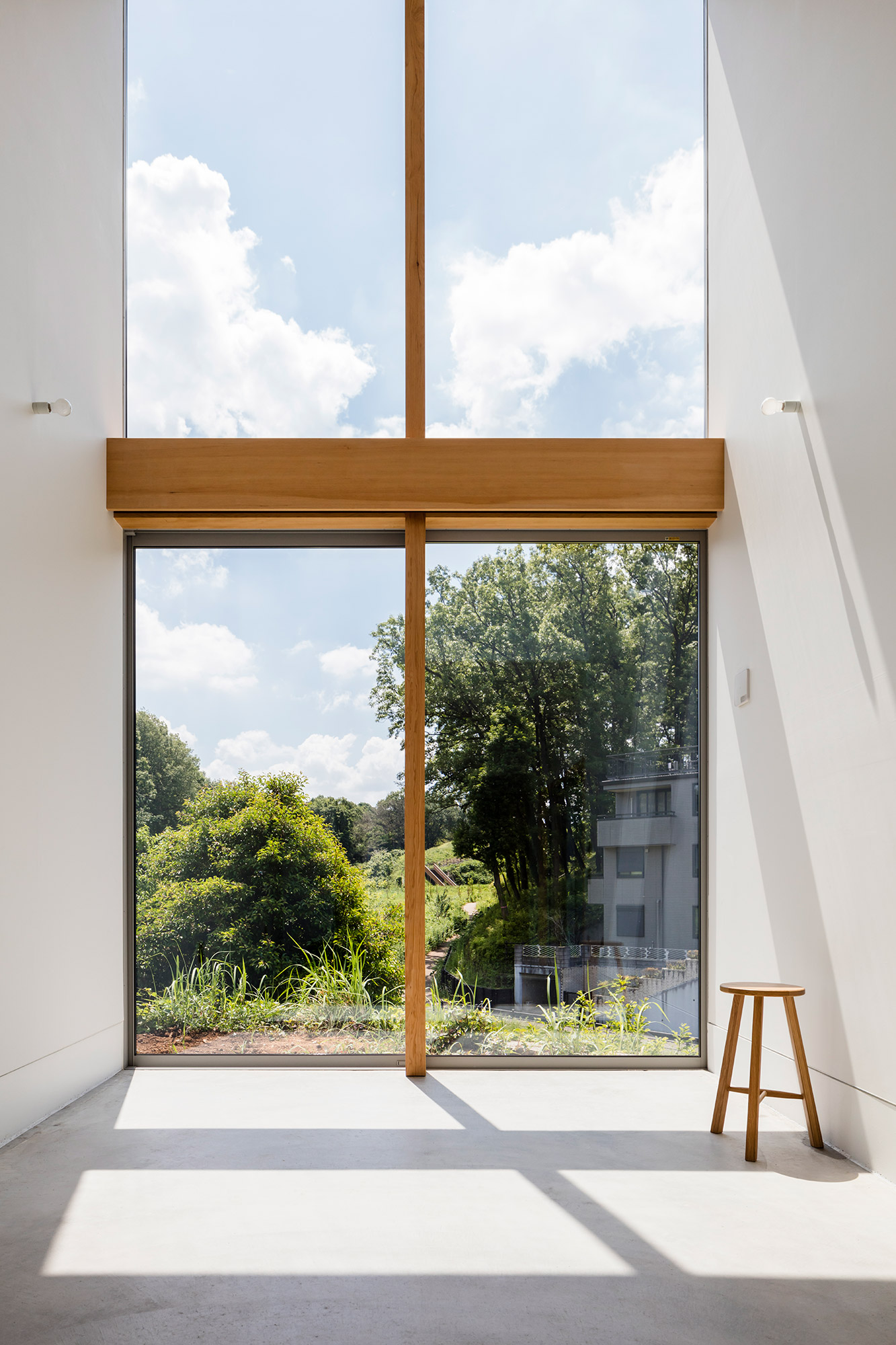 Space with high ceilings and large windows letting in light