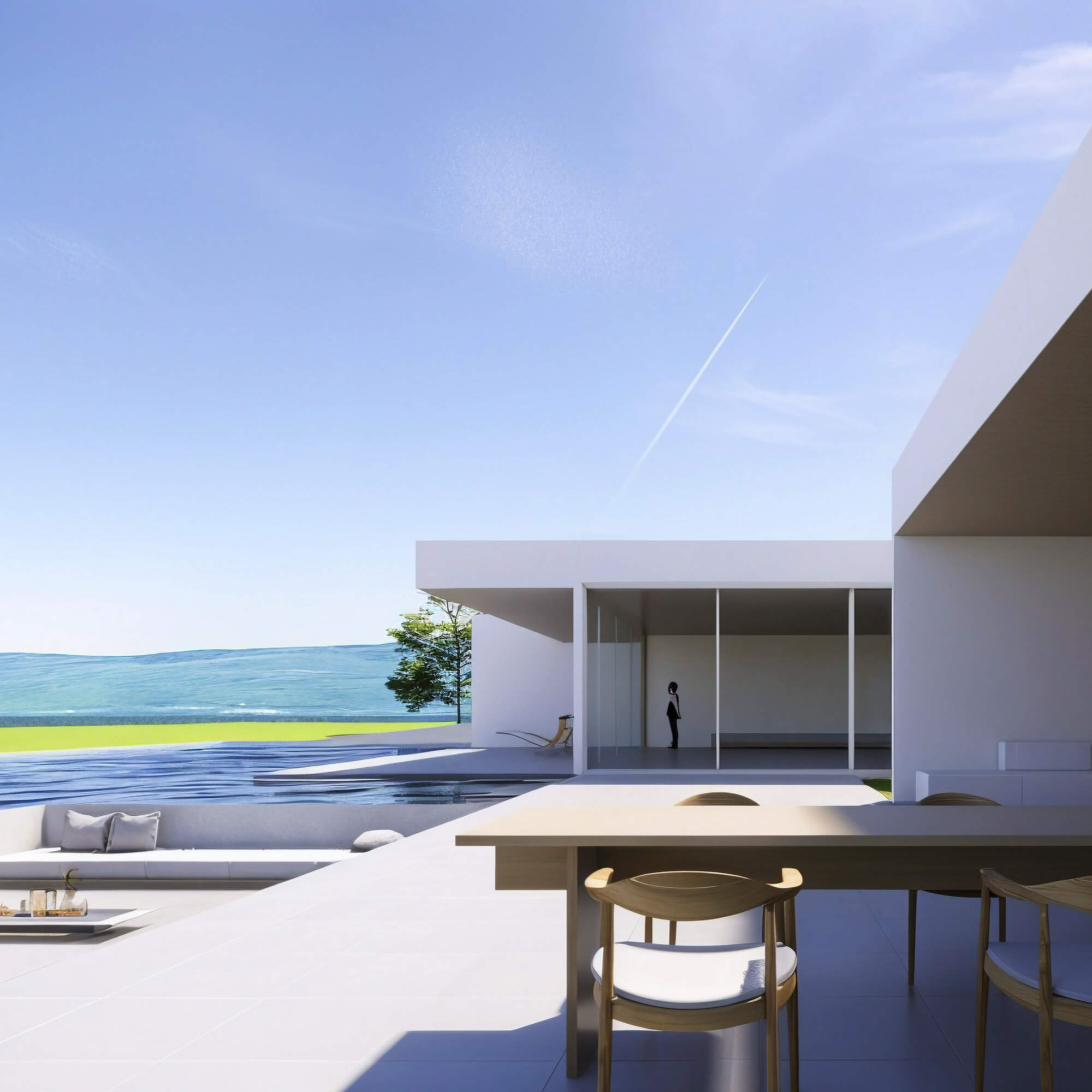 An open terrace space seamlessly integrated with the sea