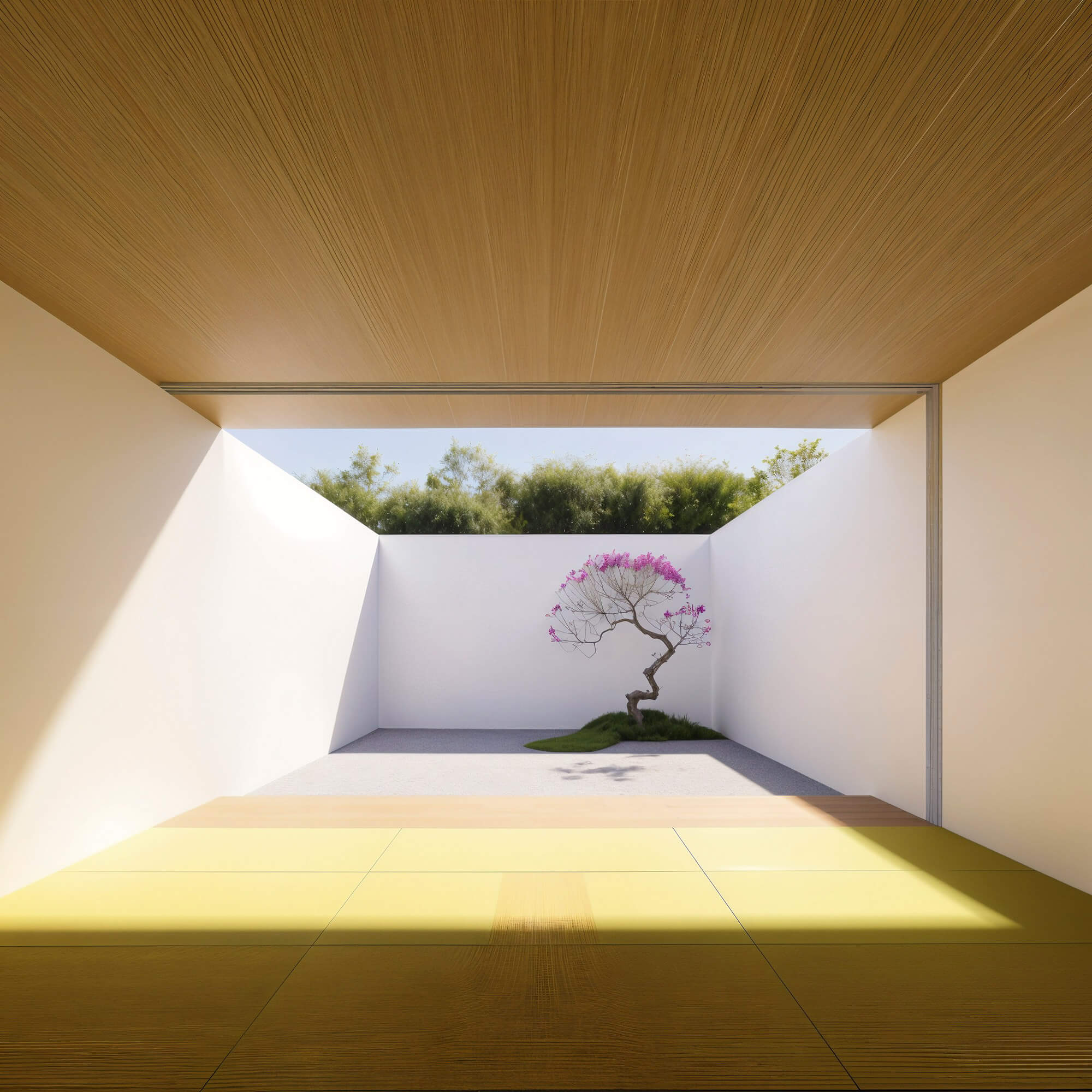 Minimalist tatami space with a serene garden view