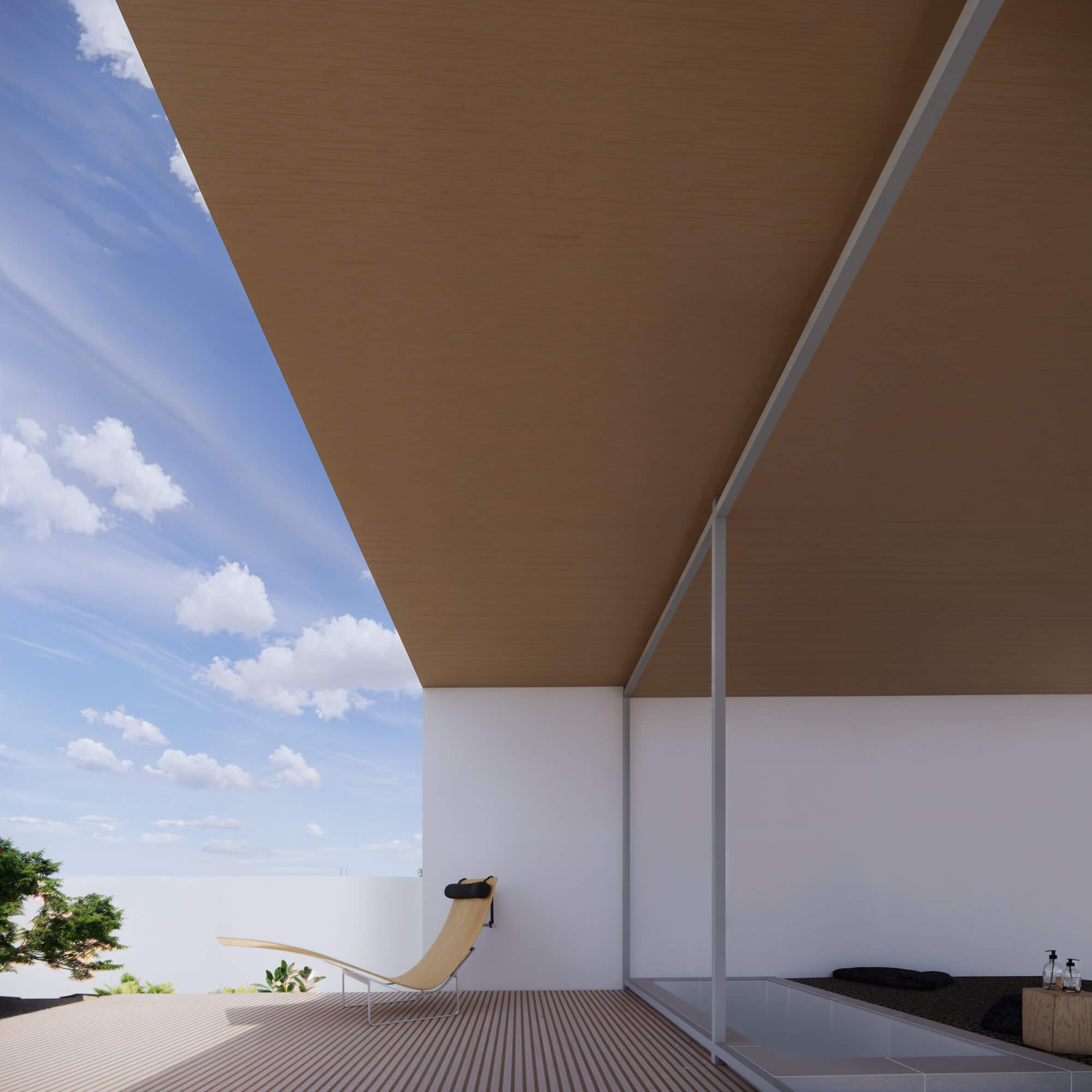 Outdoor bathtub area with wooden ceiling and open atmosphere