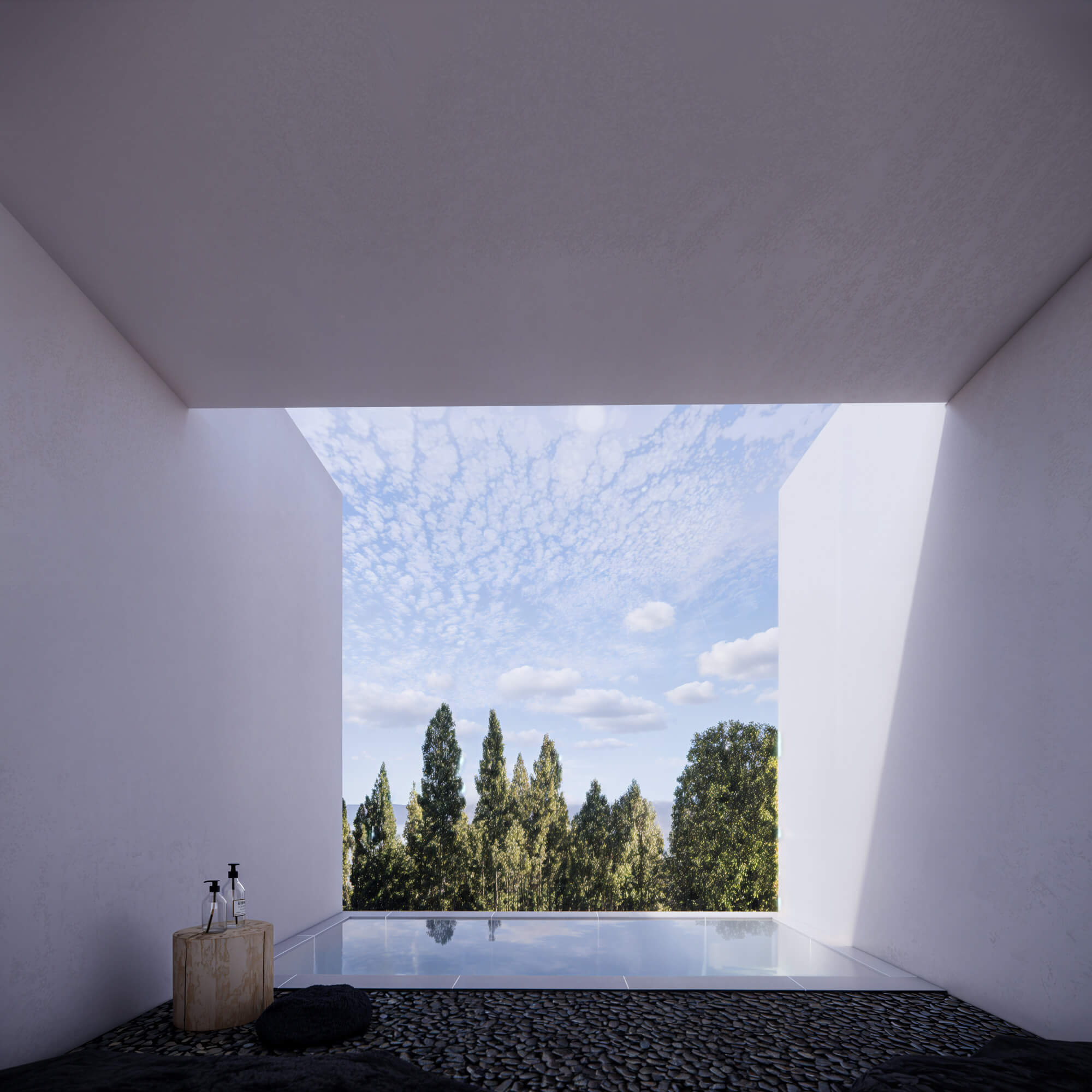 Quiet open-air bath-style space surrounded by nature