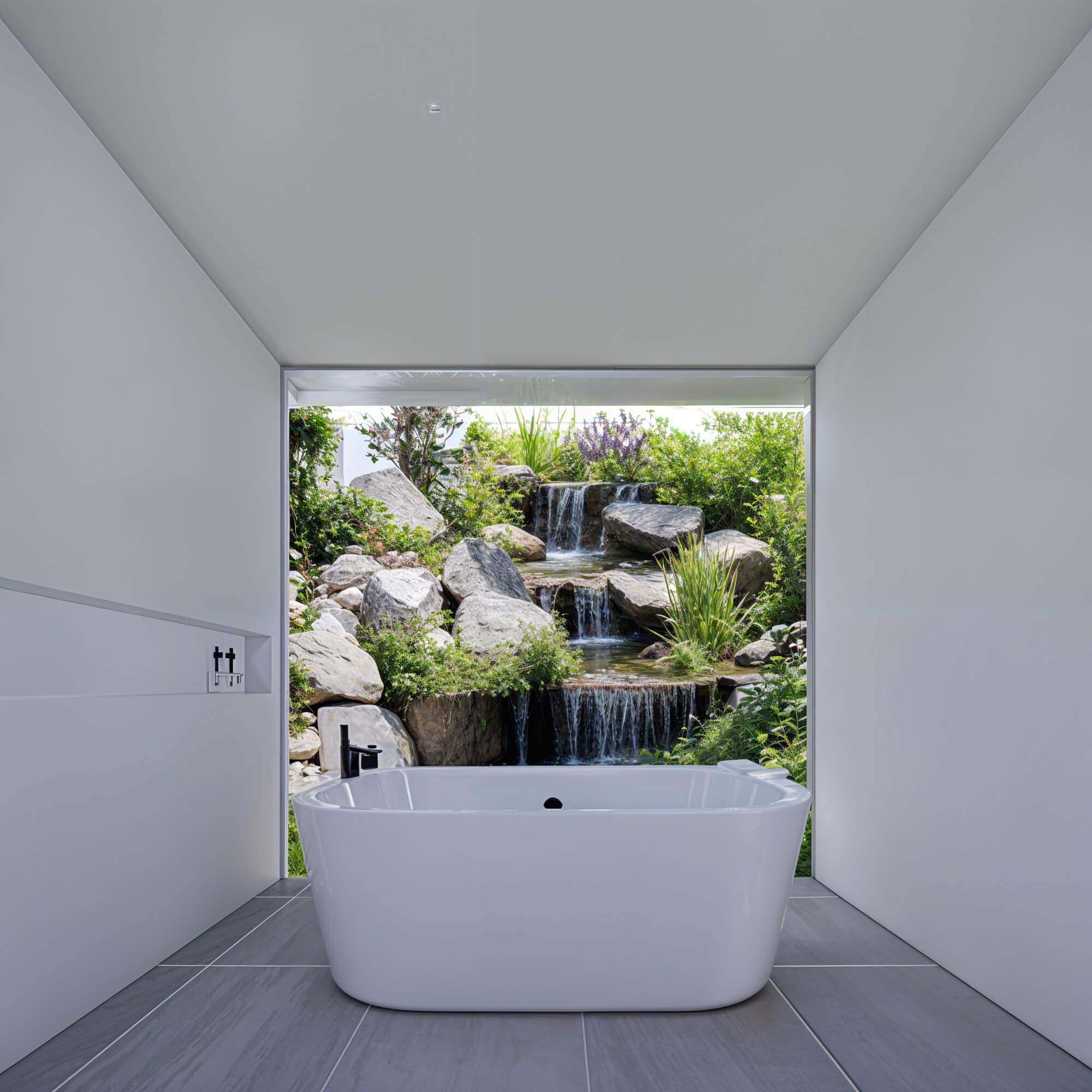 Simple bathtub area with a view of a garden waterfall