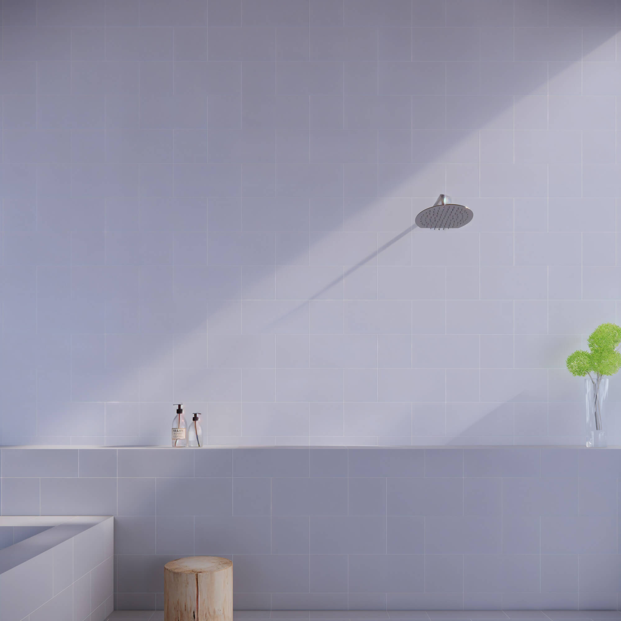 Minimalist shower room with striking white tiles