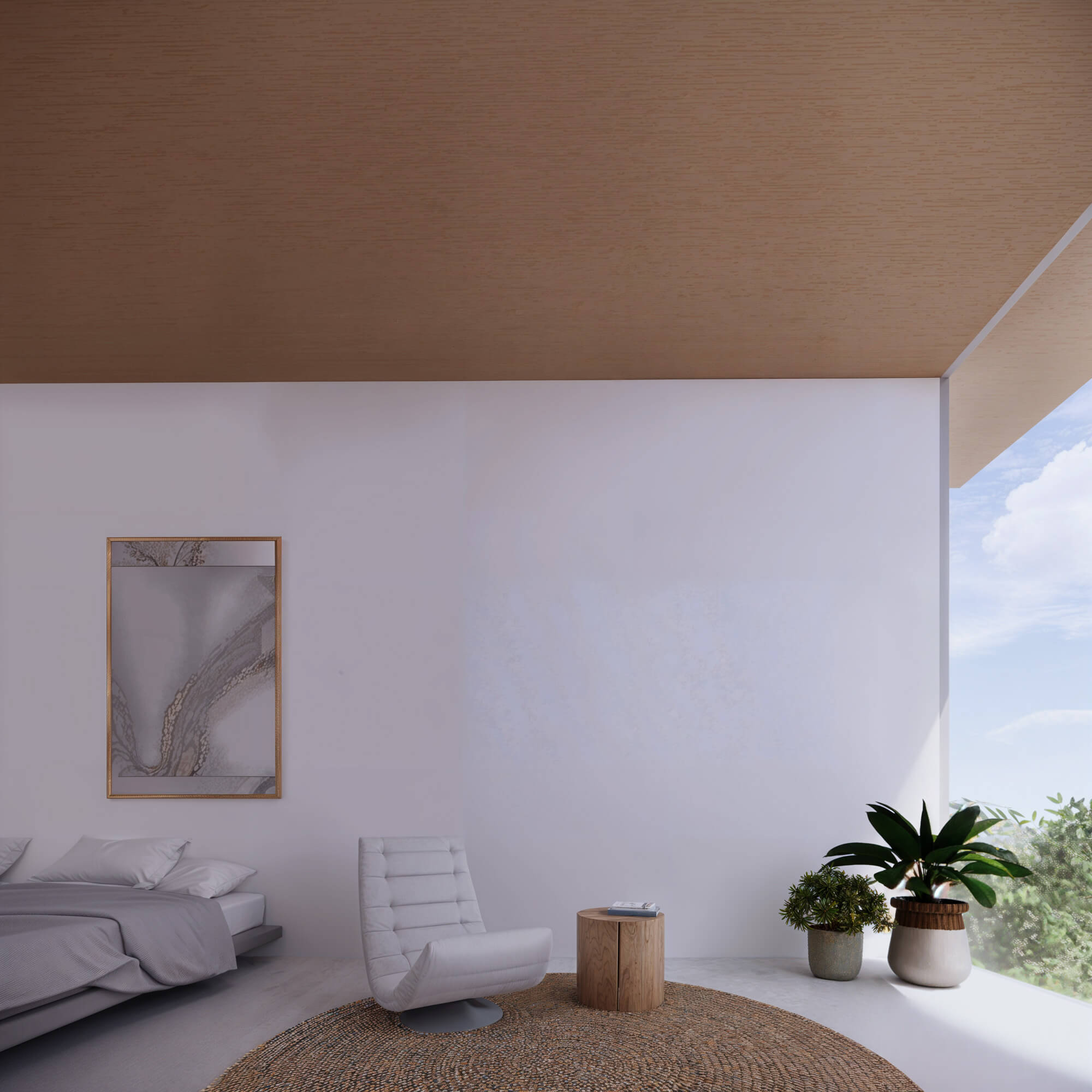 Calm bedroom featuring a potted plant and a rug as focal points