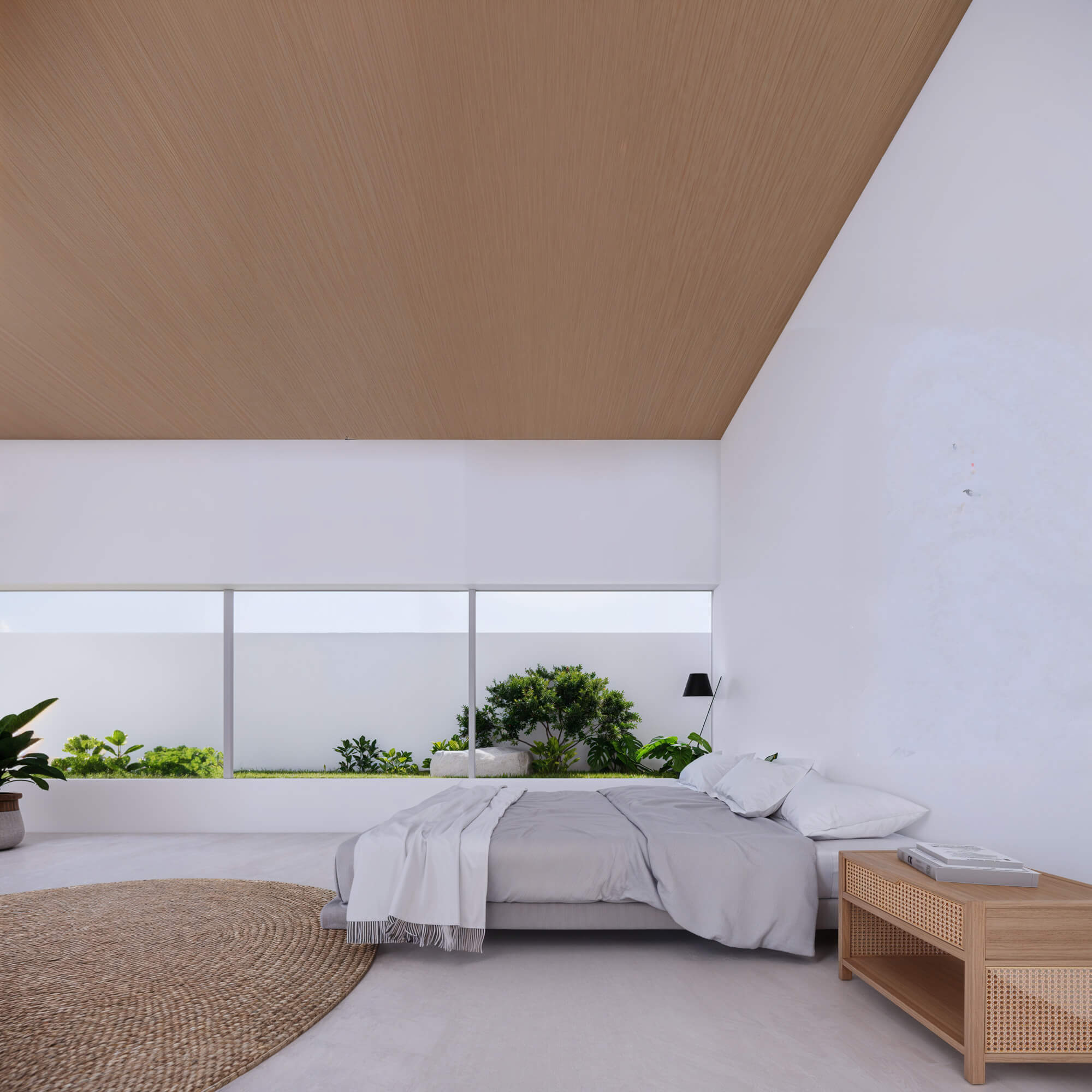 Minimal bedroom with a wide window overlooking greenery