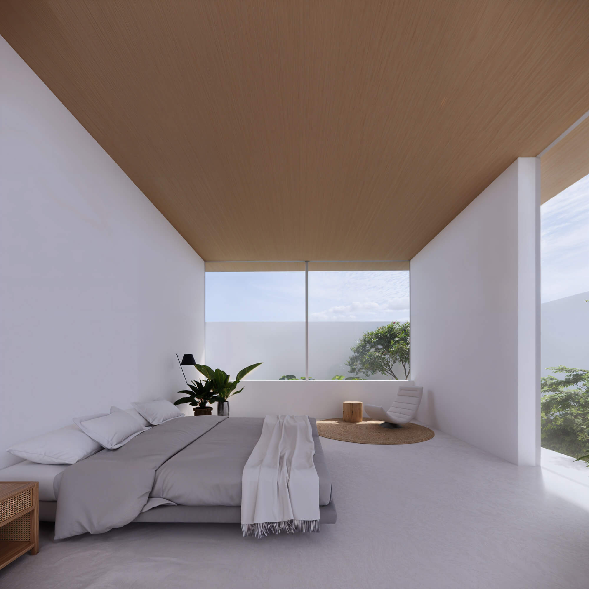 Bedroom with simple furniture harmonized with a wooden ceiling