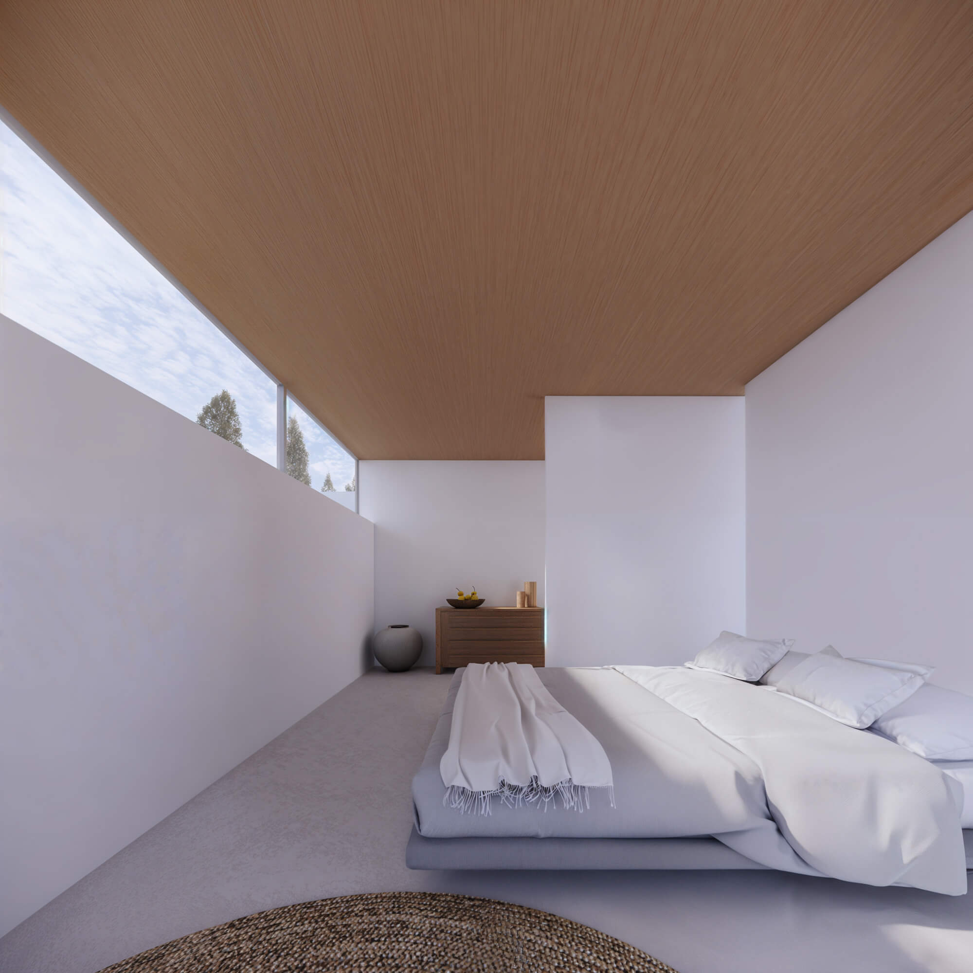 Cozy bedroom designed to make use of a narrow, elongated space
