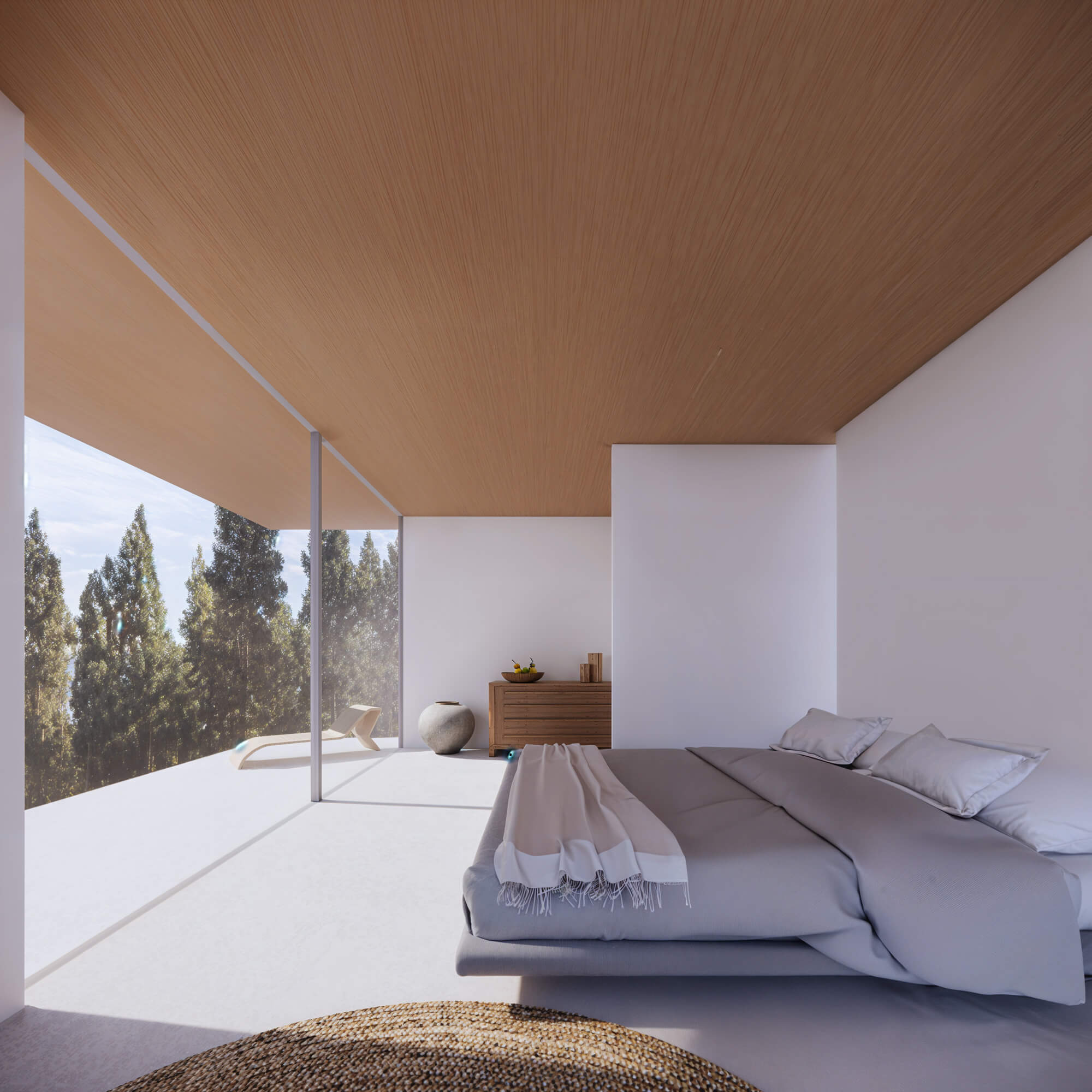 Bedroom characterized by large openings and a wooden ceiling