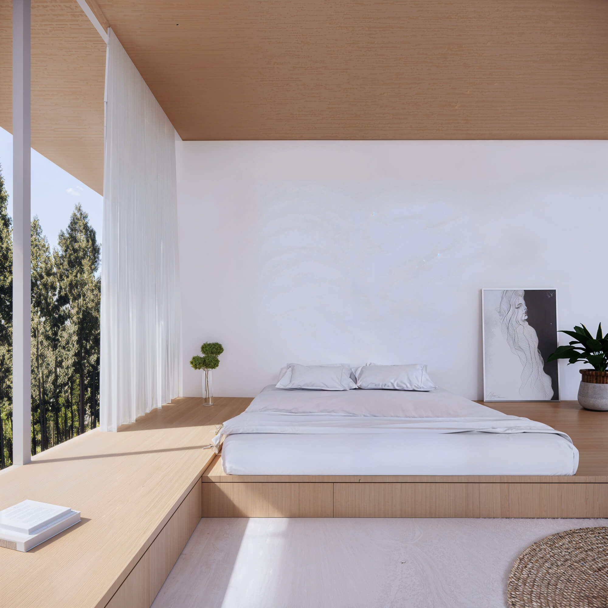 Bedroom with a wooden-framed bed and white walls in harmony