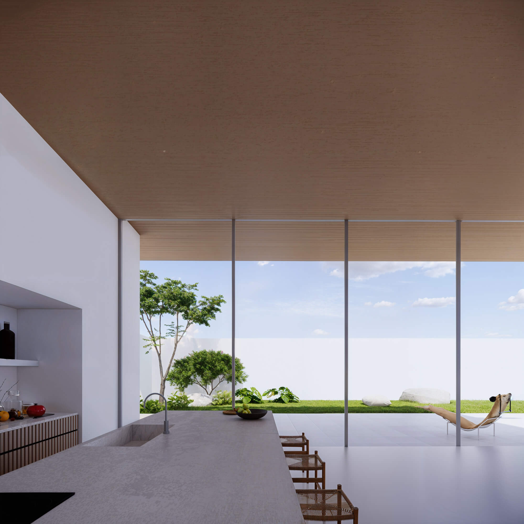 Open dining area with a view of greenery over the counter