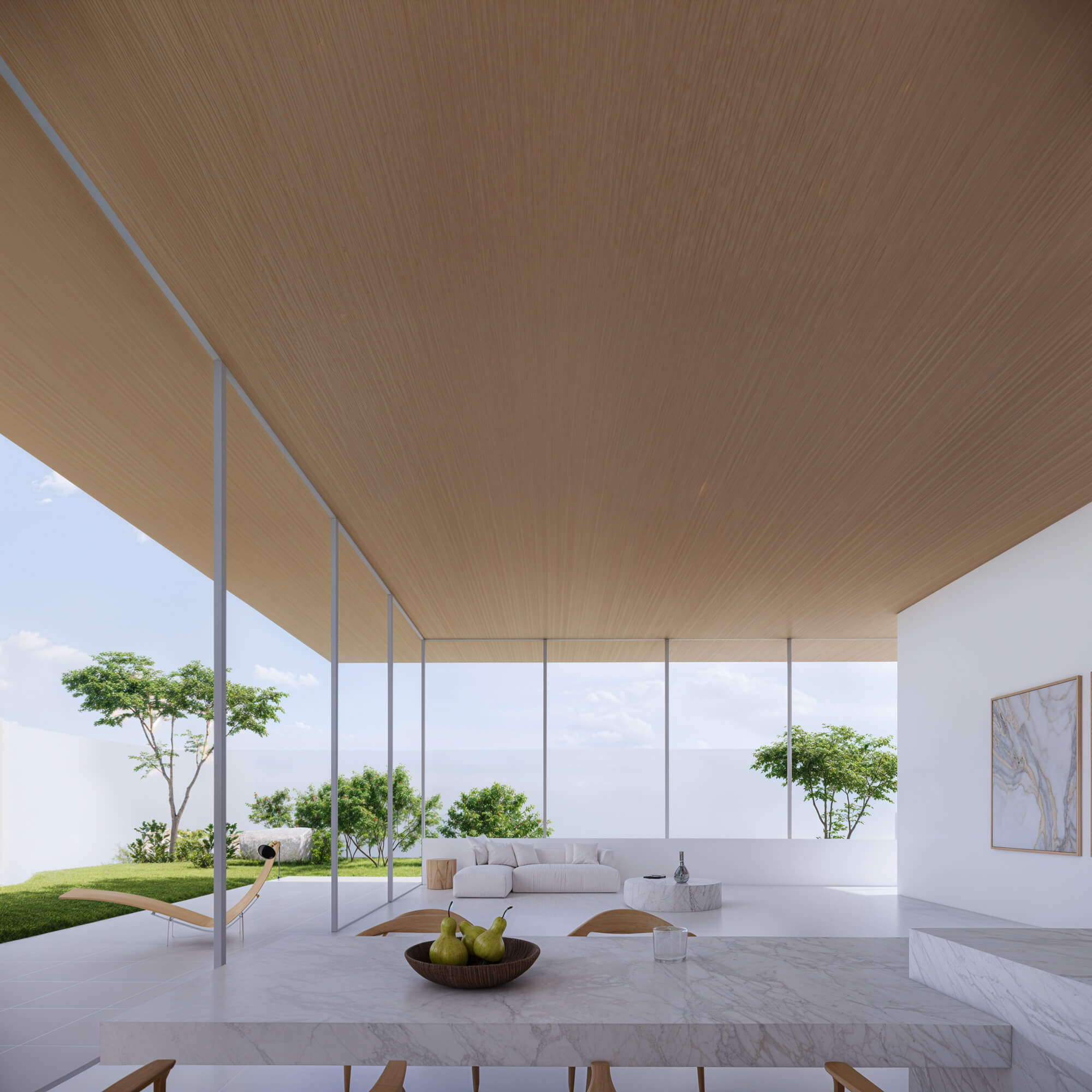 Dining room with large openings that create a sense of unity with nature