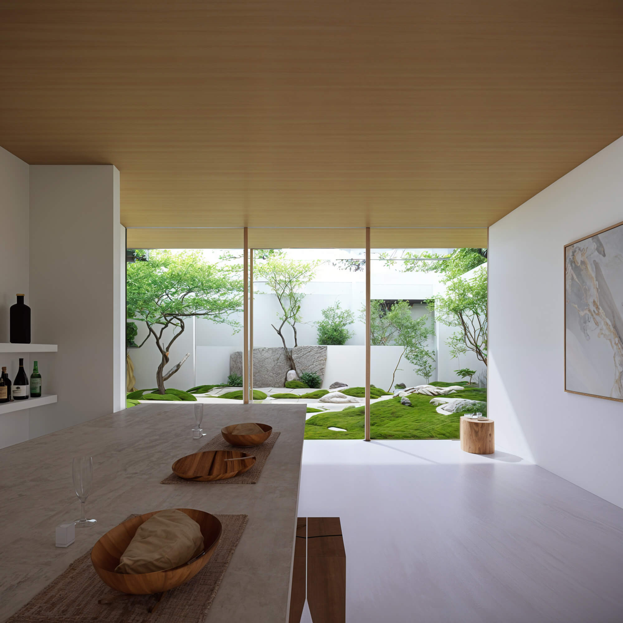 Garden-view space where kitchen island and dining area are seamlessly connected