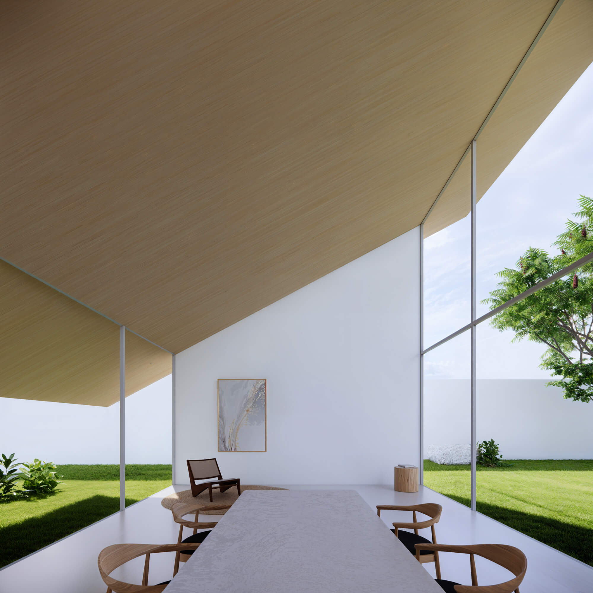 Simple and open dining room with white walls