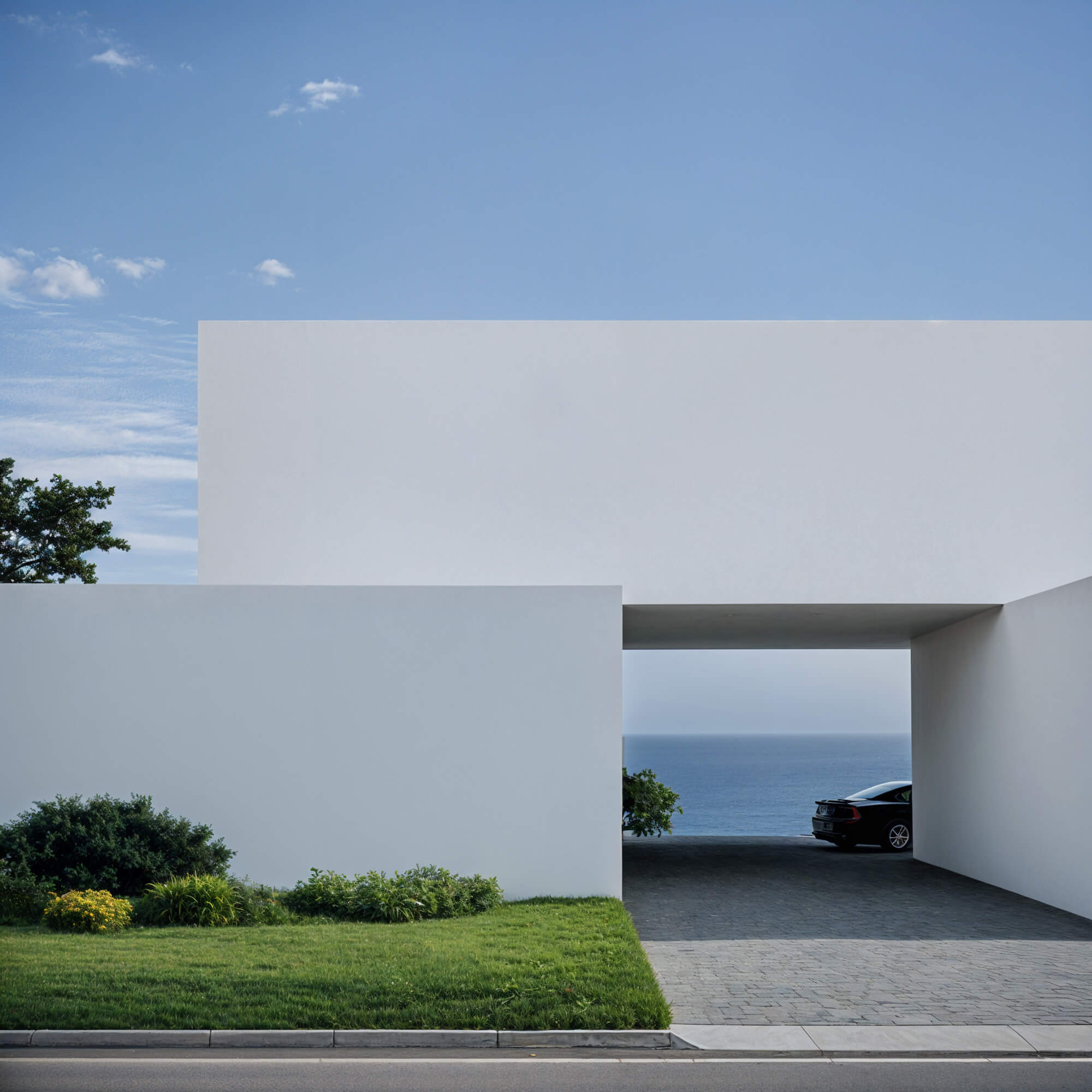 Open facade with a courtyard overlooking the sea