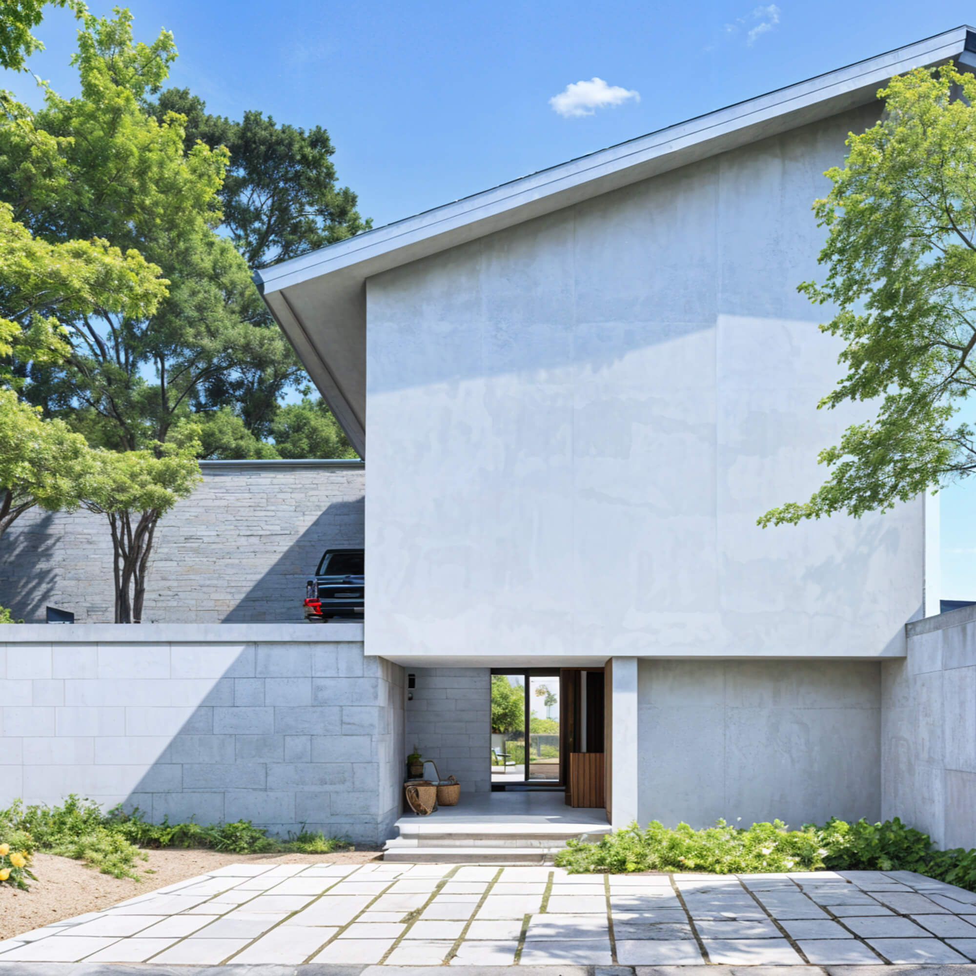Concrete entrance facade surrounded by lush greenery