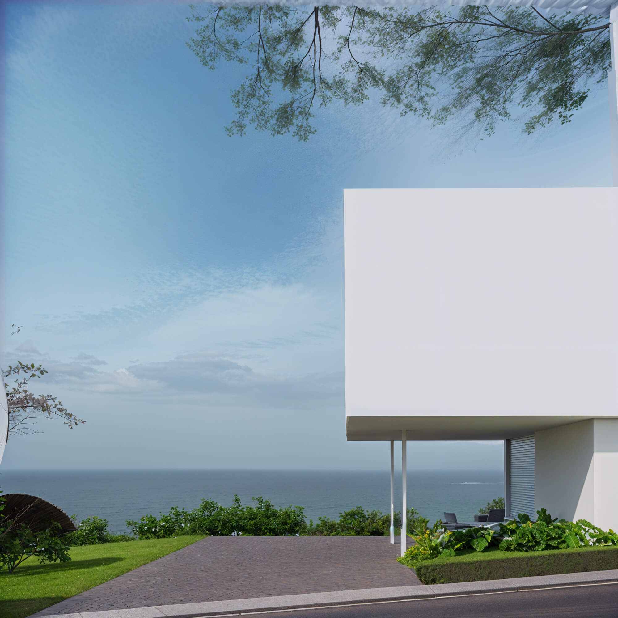 White cantilevered architecture by the seaside