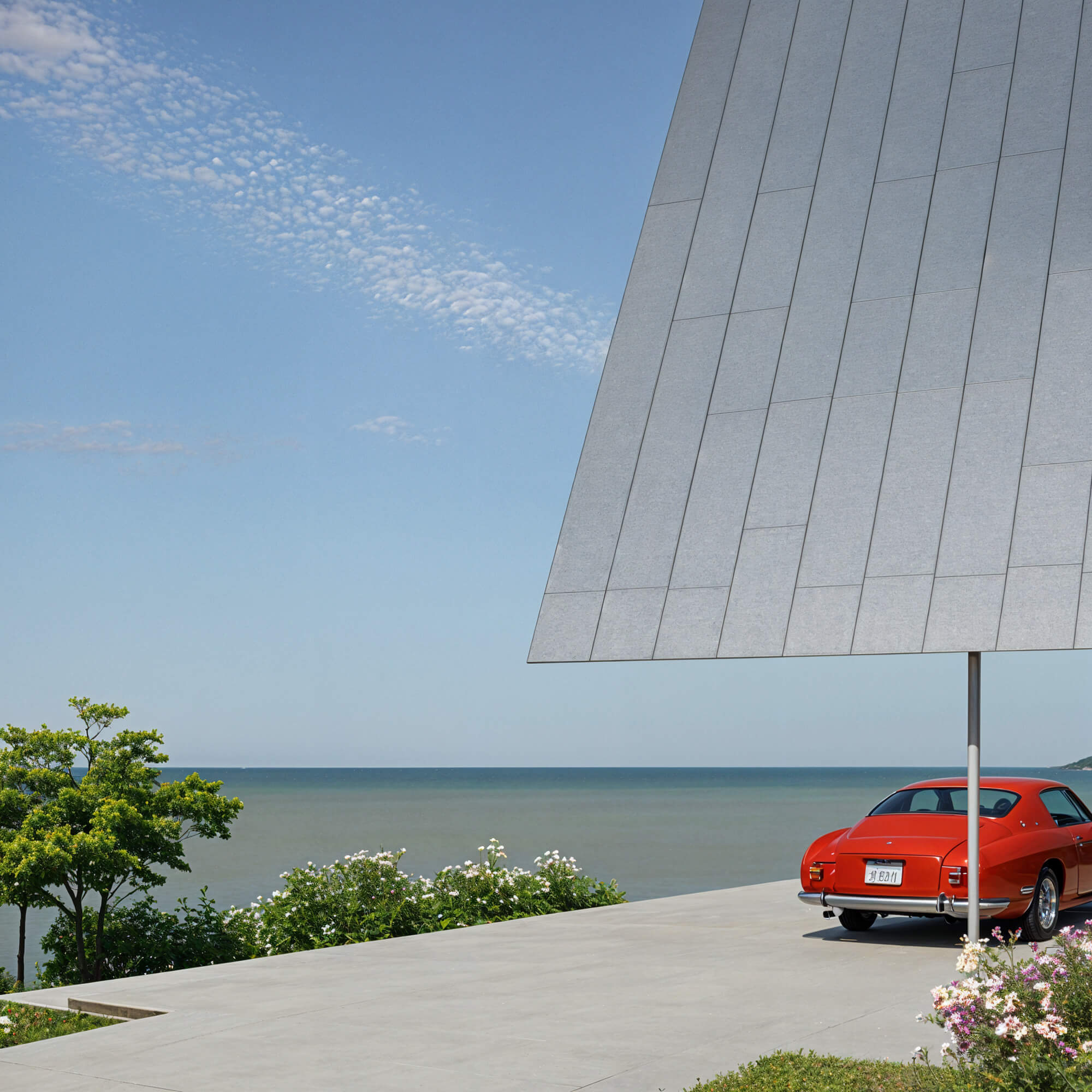 Sharp-angled roof facade with a red car and ocean in the background