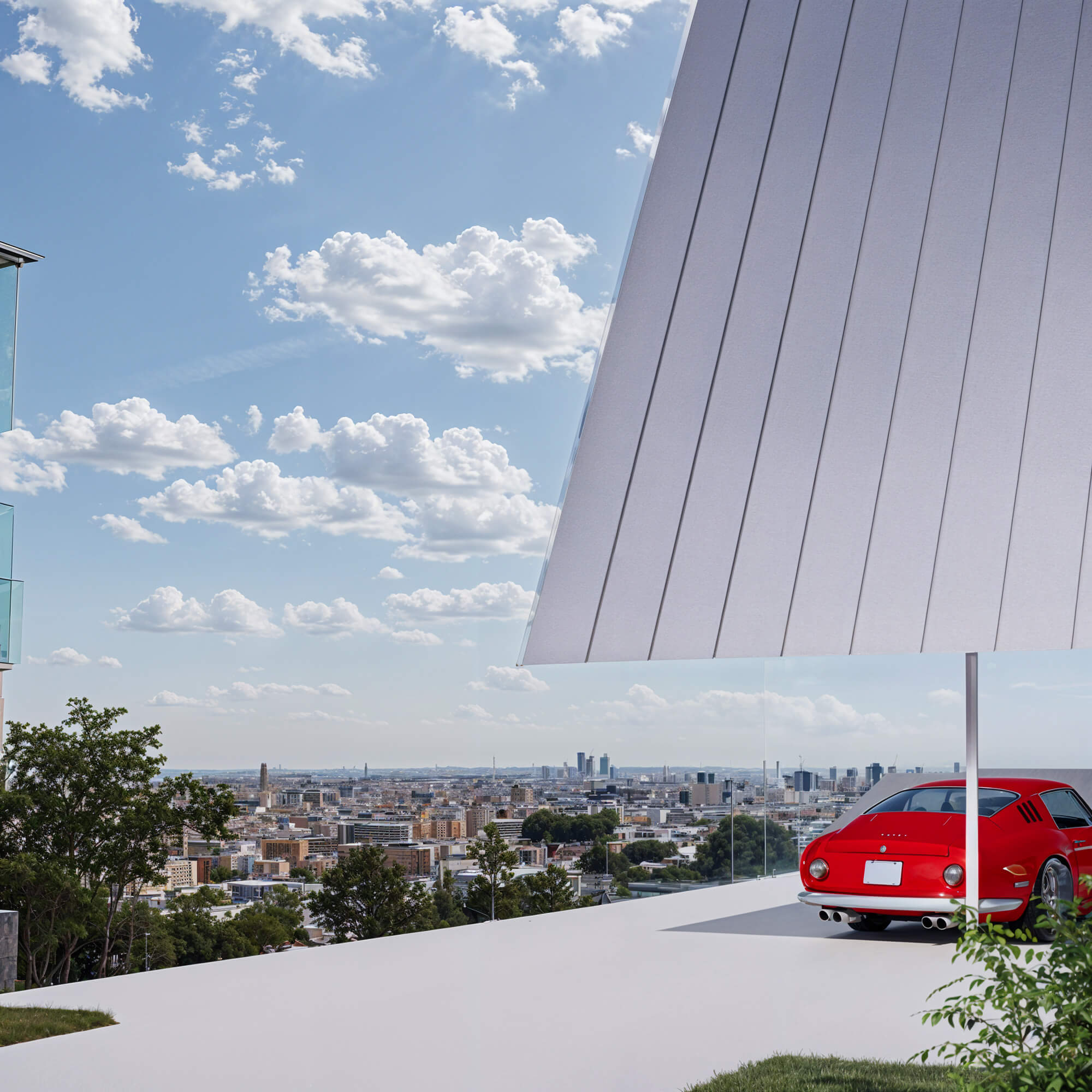 Sloped-roof facade with panoramic urban view