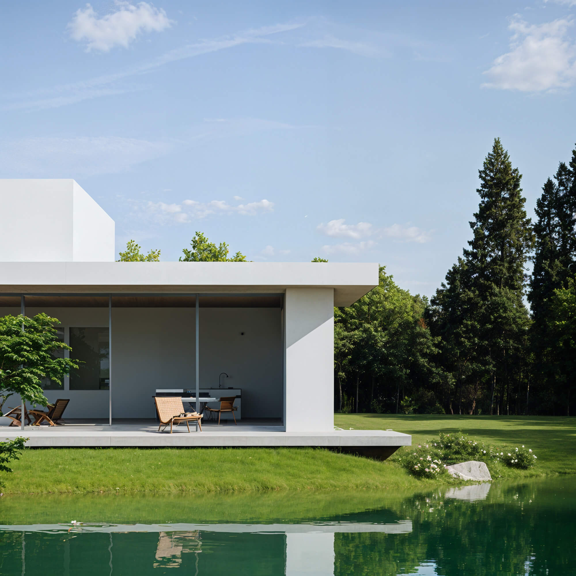 Horizontally stretched facade surrounded by lawn and pond