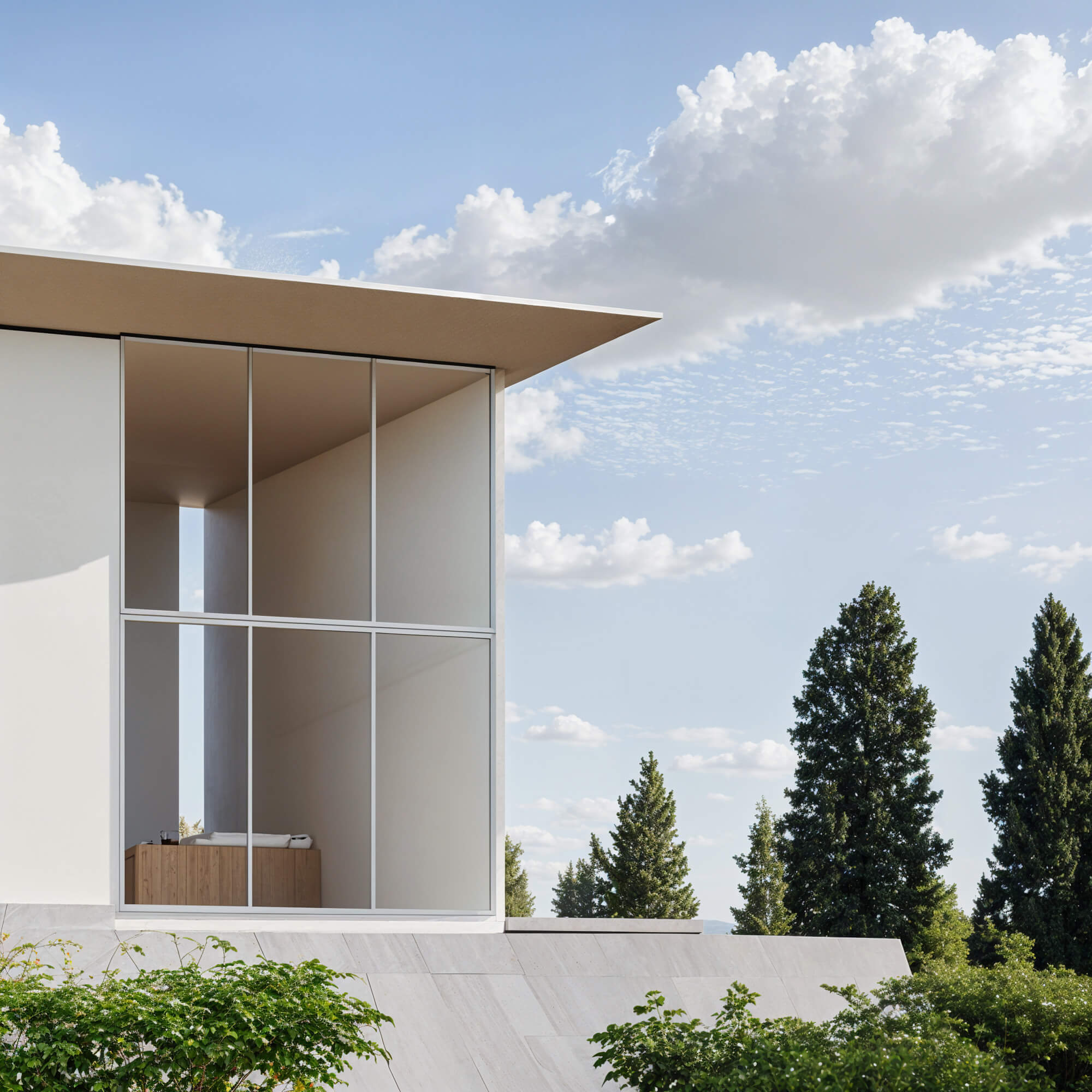 Open structure composed of glass and columns