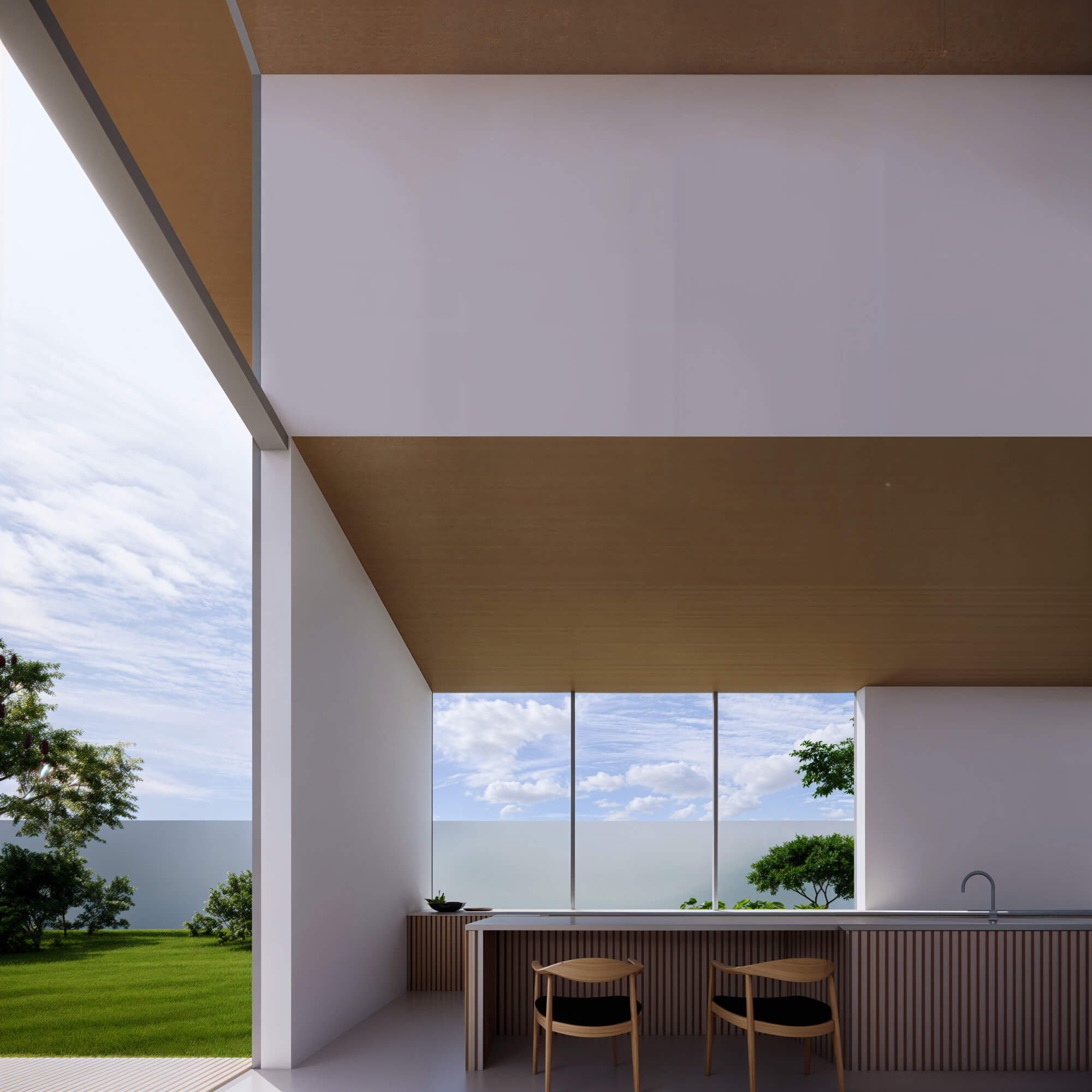 Spacious kitchen with wooden ceiling and distinctive white walls