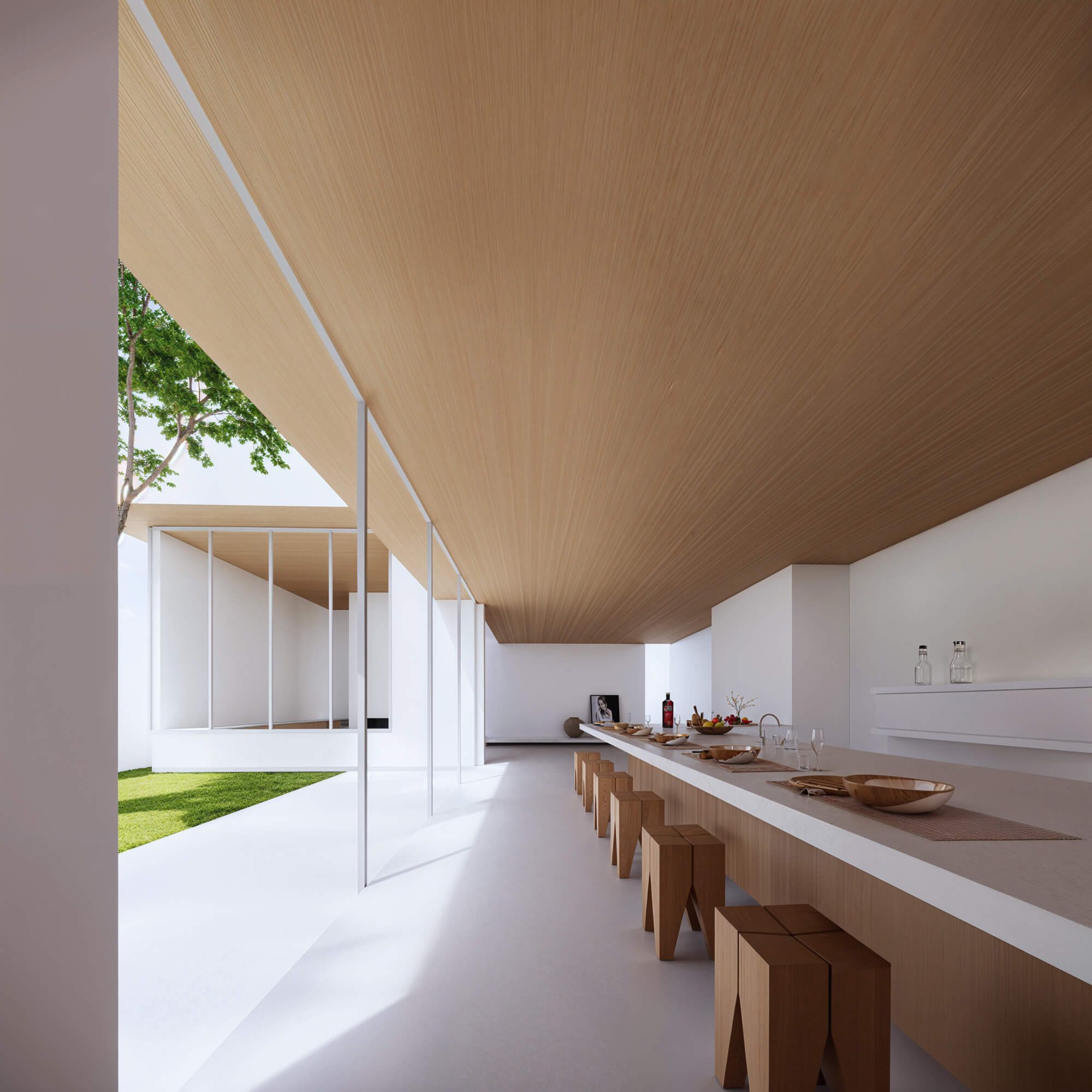 Kitchen featuring a long counter and striking wooden ceiling lines