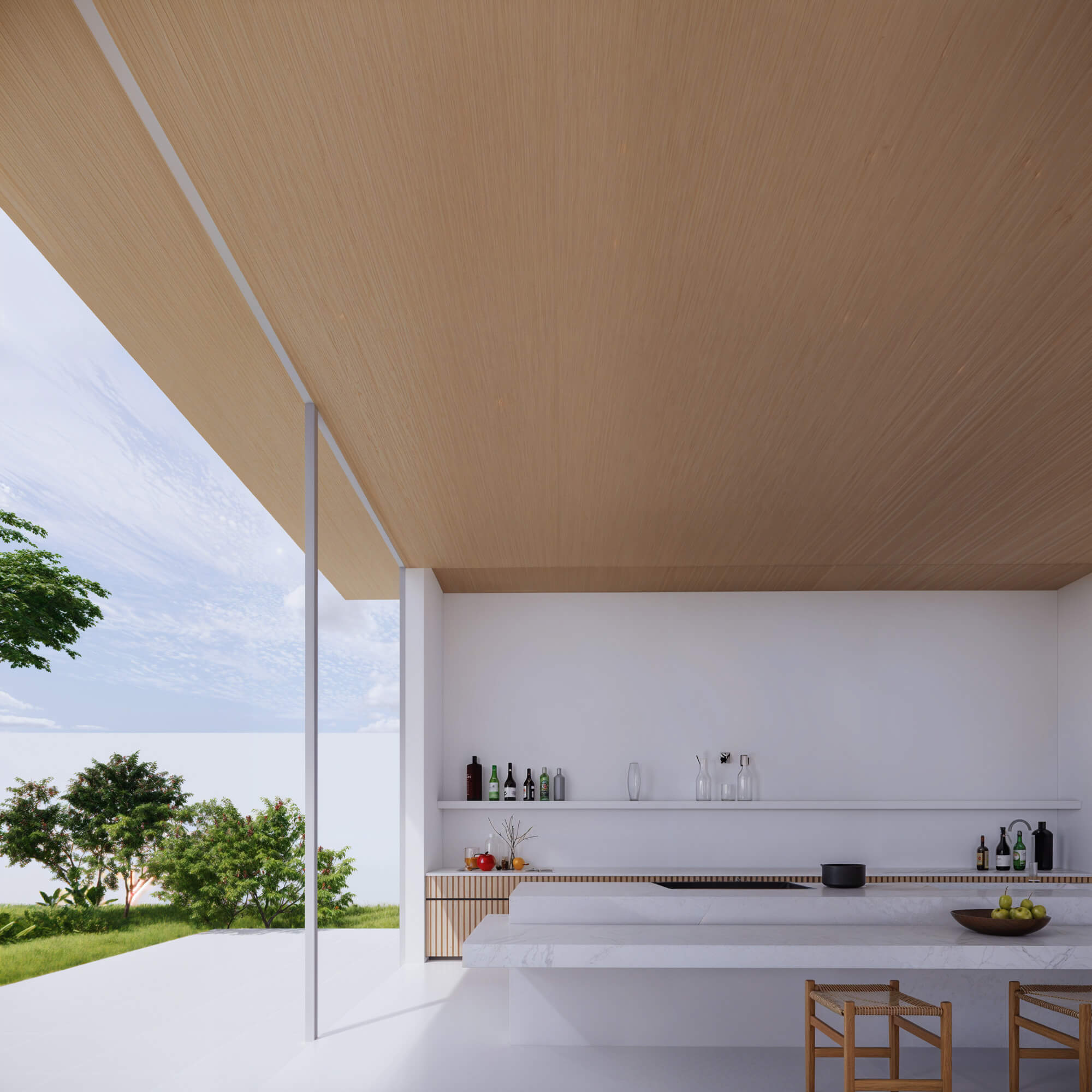 Bright wall-attached kitchen with two chairs