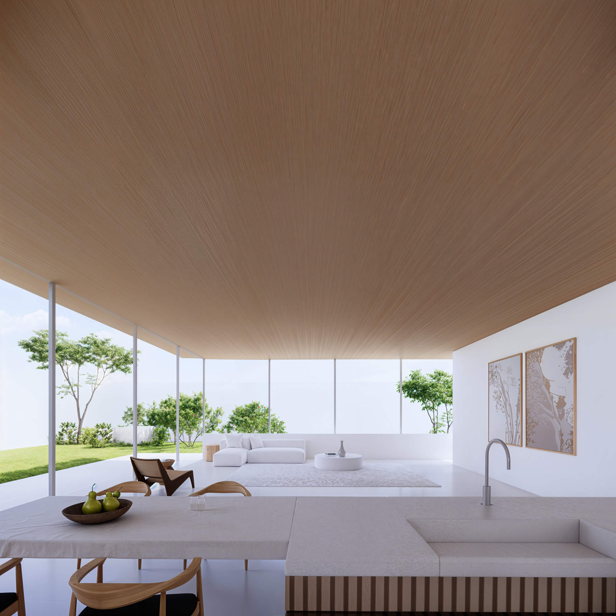 Kitchen area with white interior and beautiful green borrowed scenery
