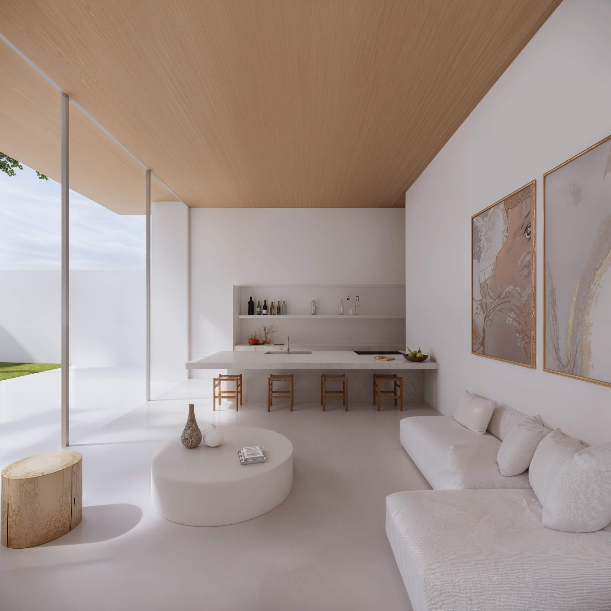 Living and dining room with wooden ceiling and calm tones