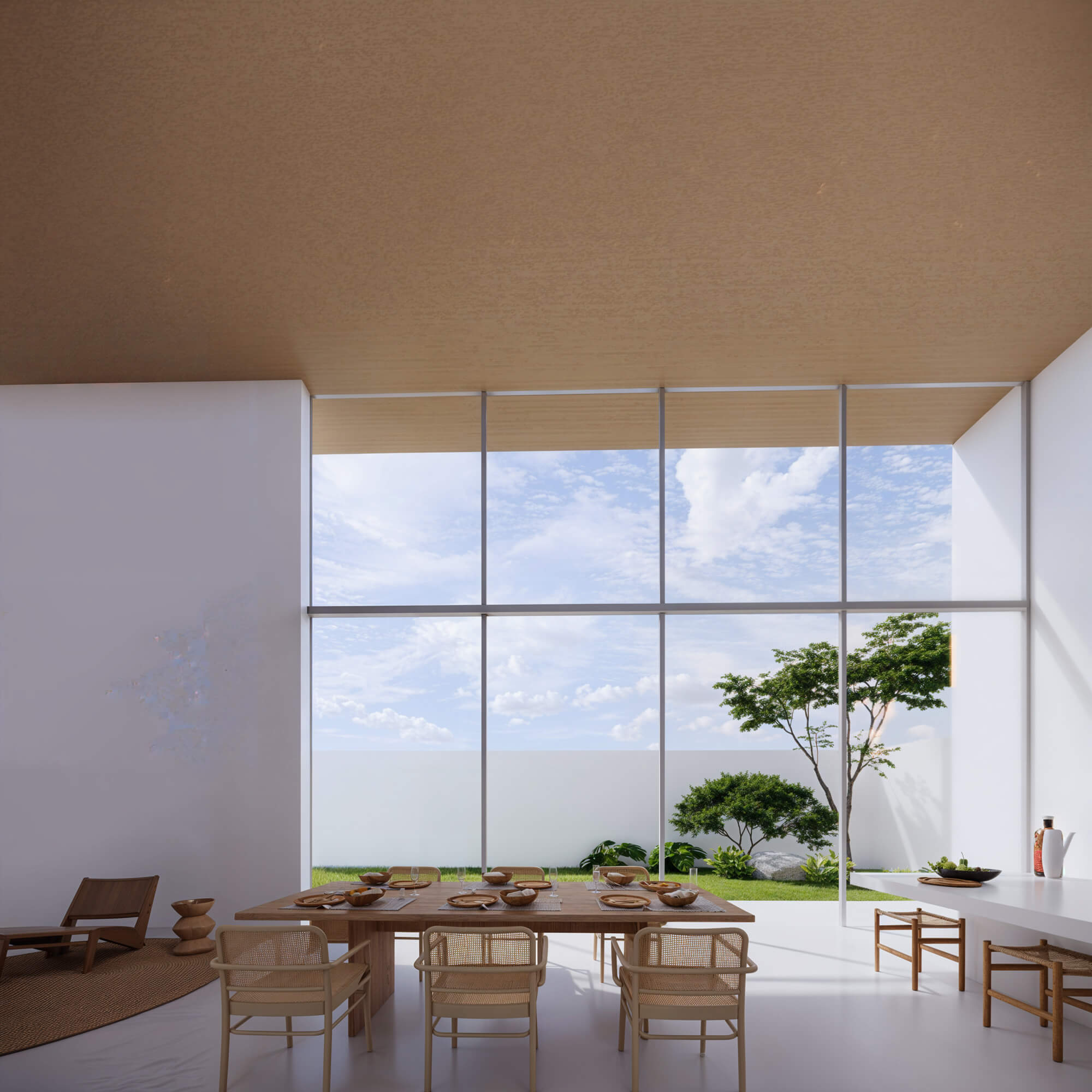 Open-plan LDK with dining space and views of greenery through large openings
