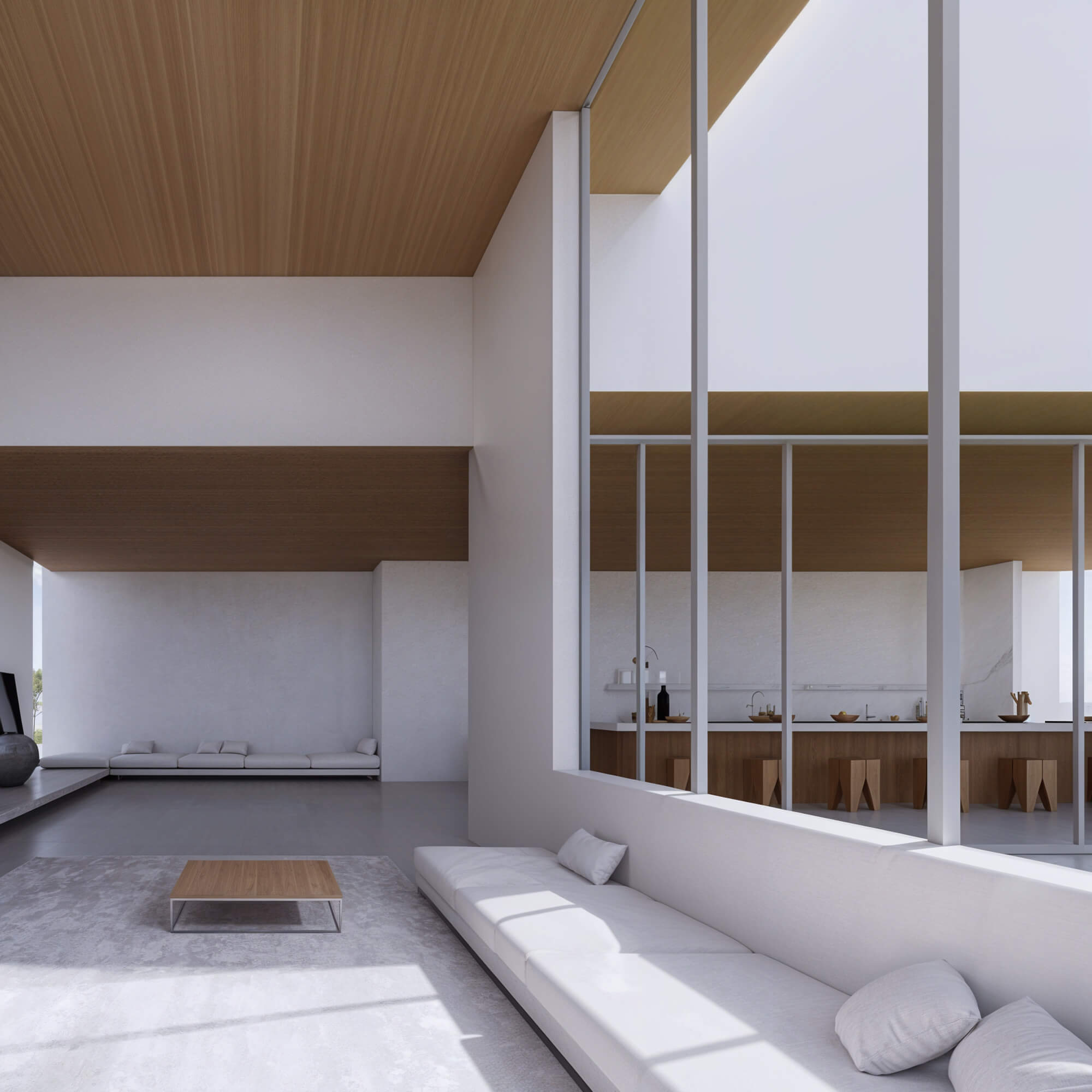 Stylish LDK with double-height ceiling and expansive glass walls