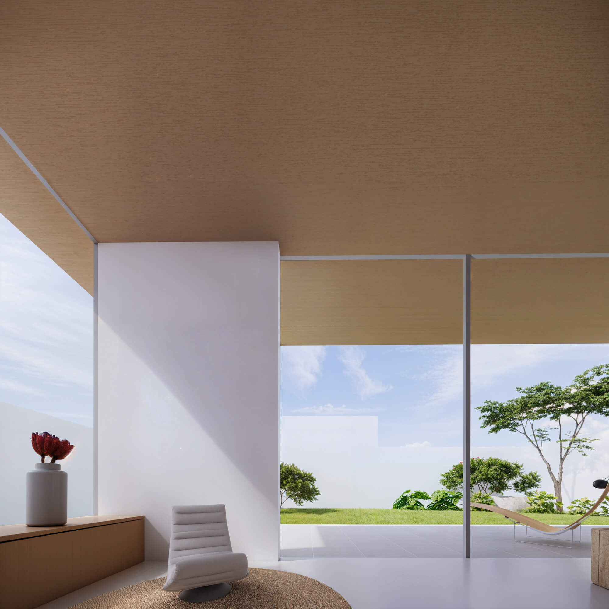 Living room with open space featuring a simple chair and vase