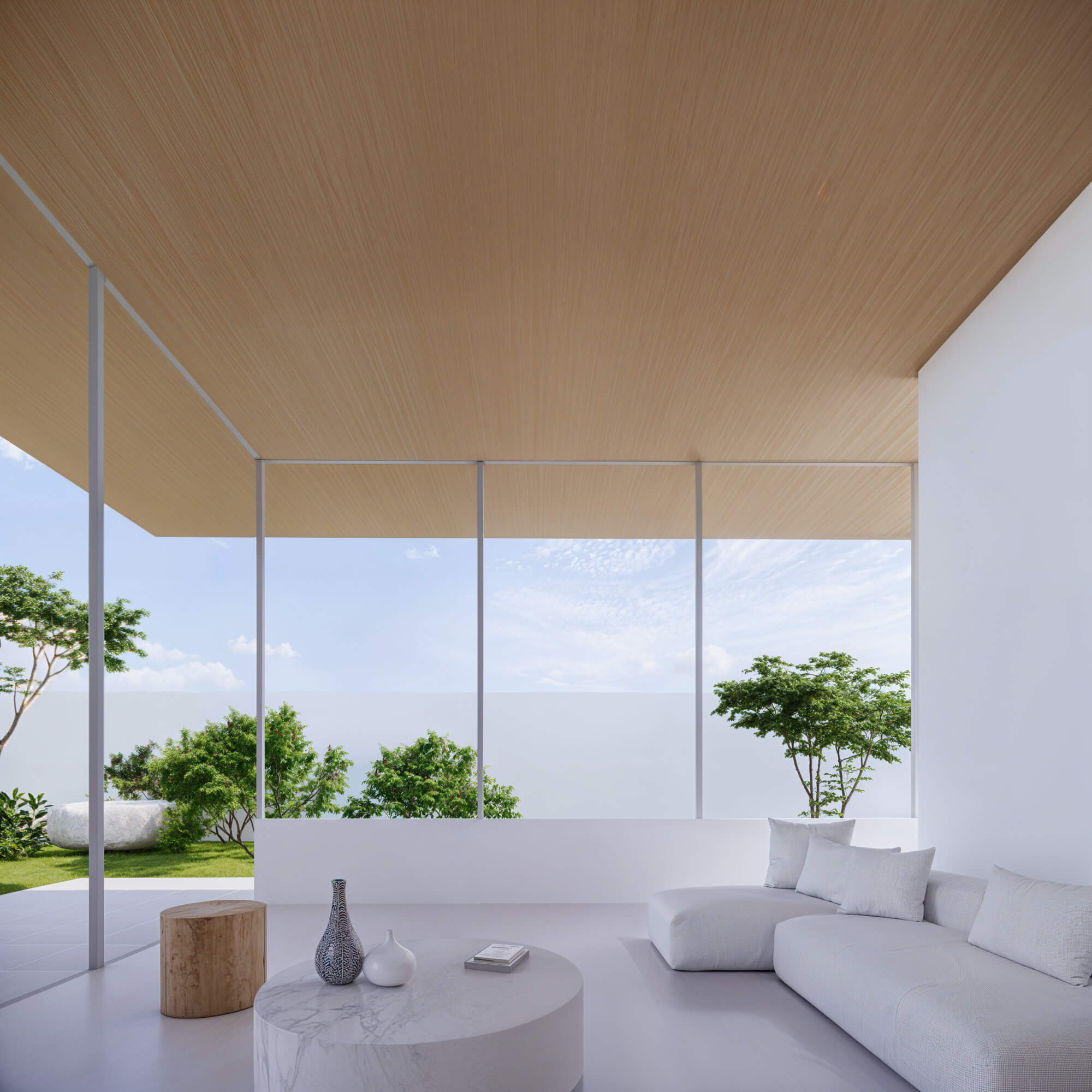 Comfortable living room with natural interior and scenic view