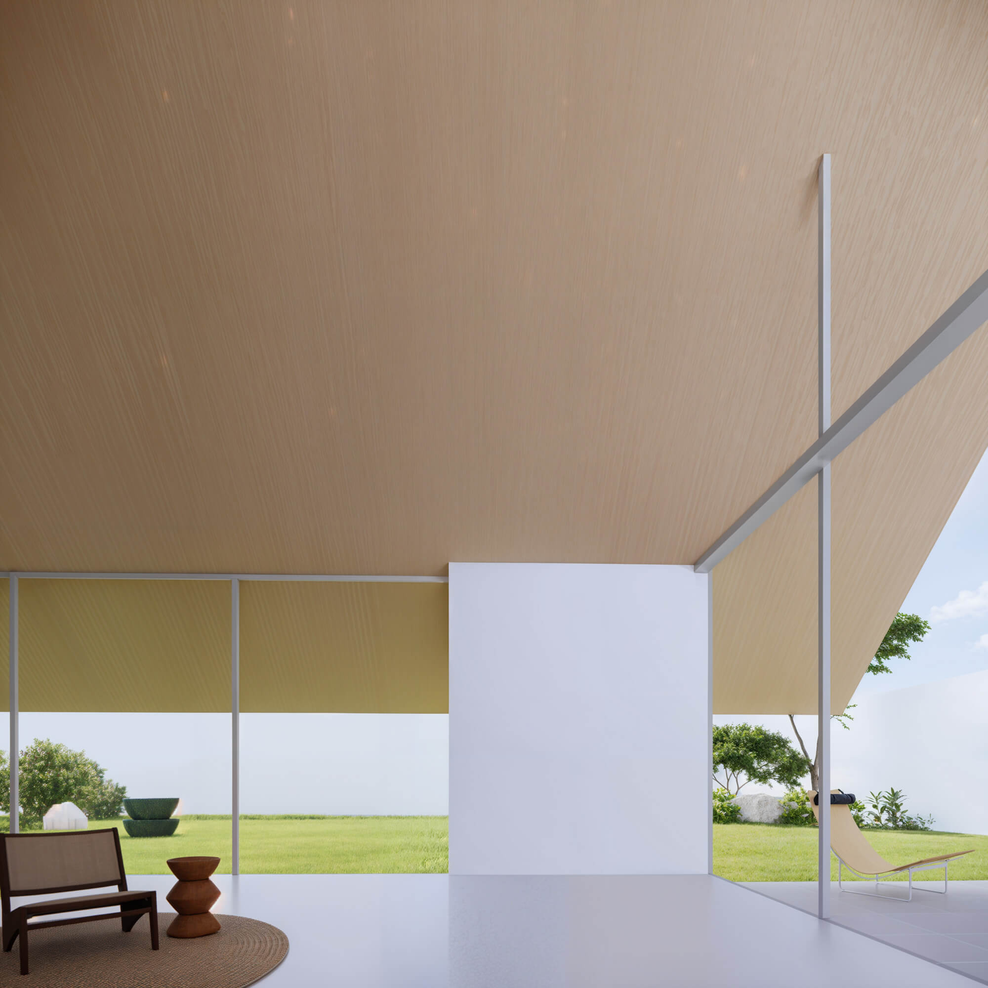 Minimal modern living space highlighted by greenery outside