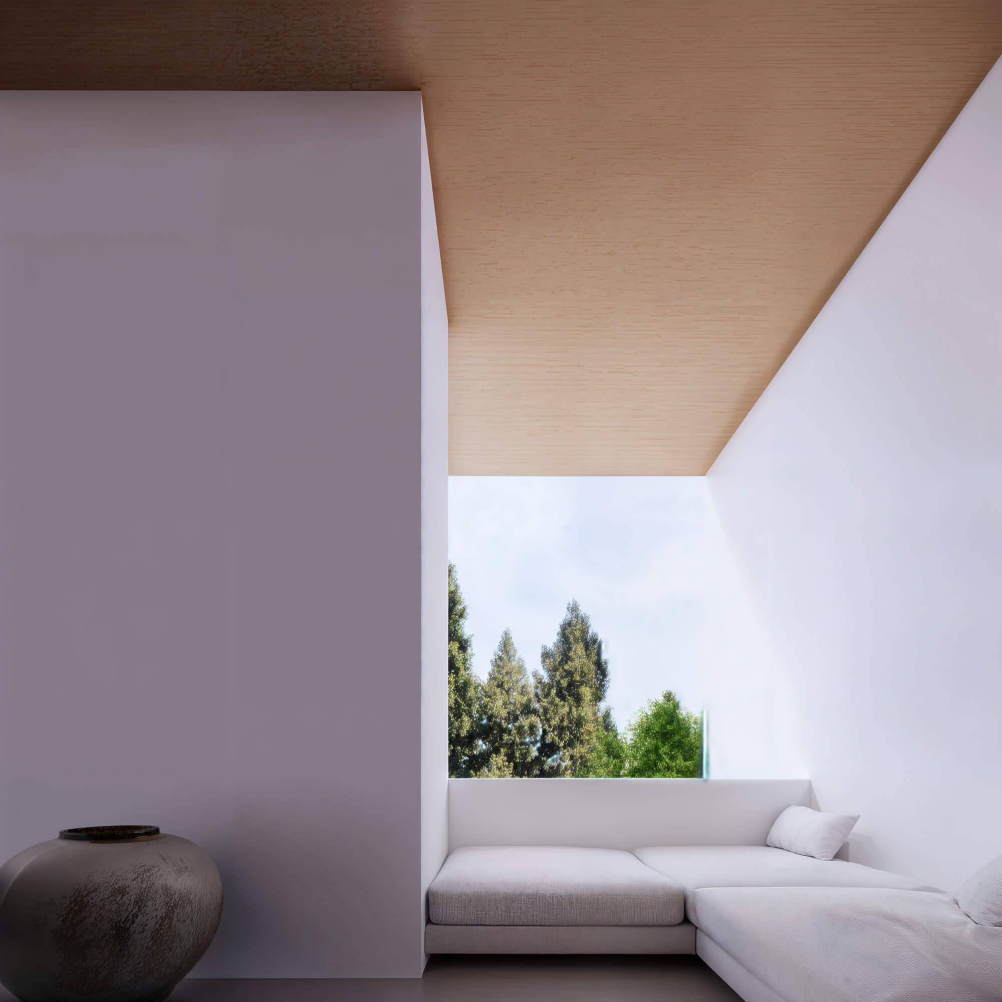 Calm and deep-set living corner surrounded by walls