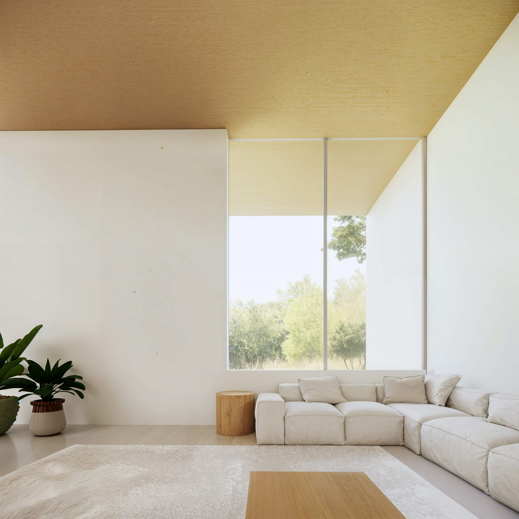 Bright and soft-toned living room with a white theme