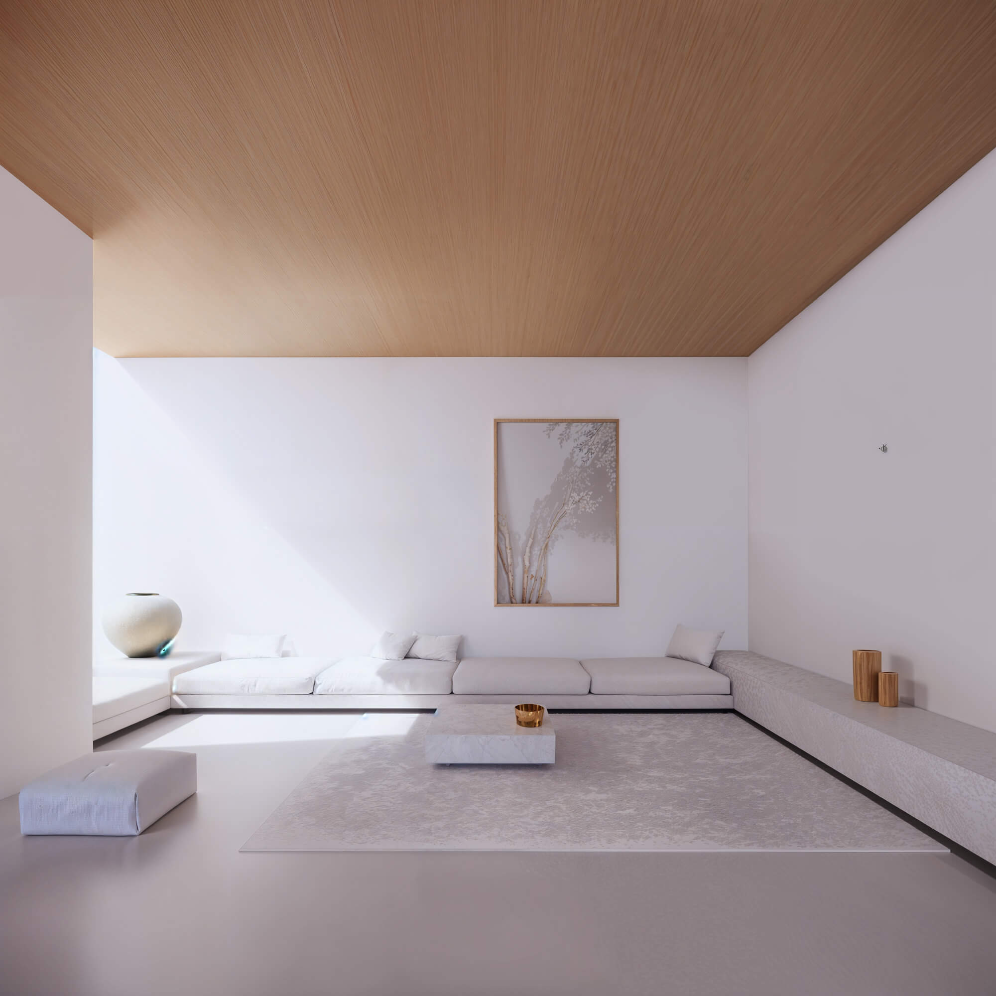 Warm living space featuring a large sofa and artwork