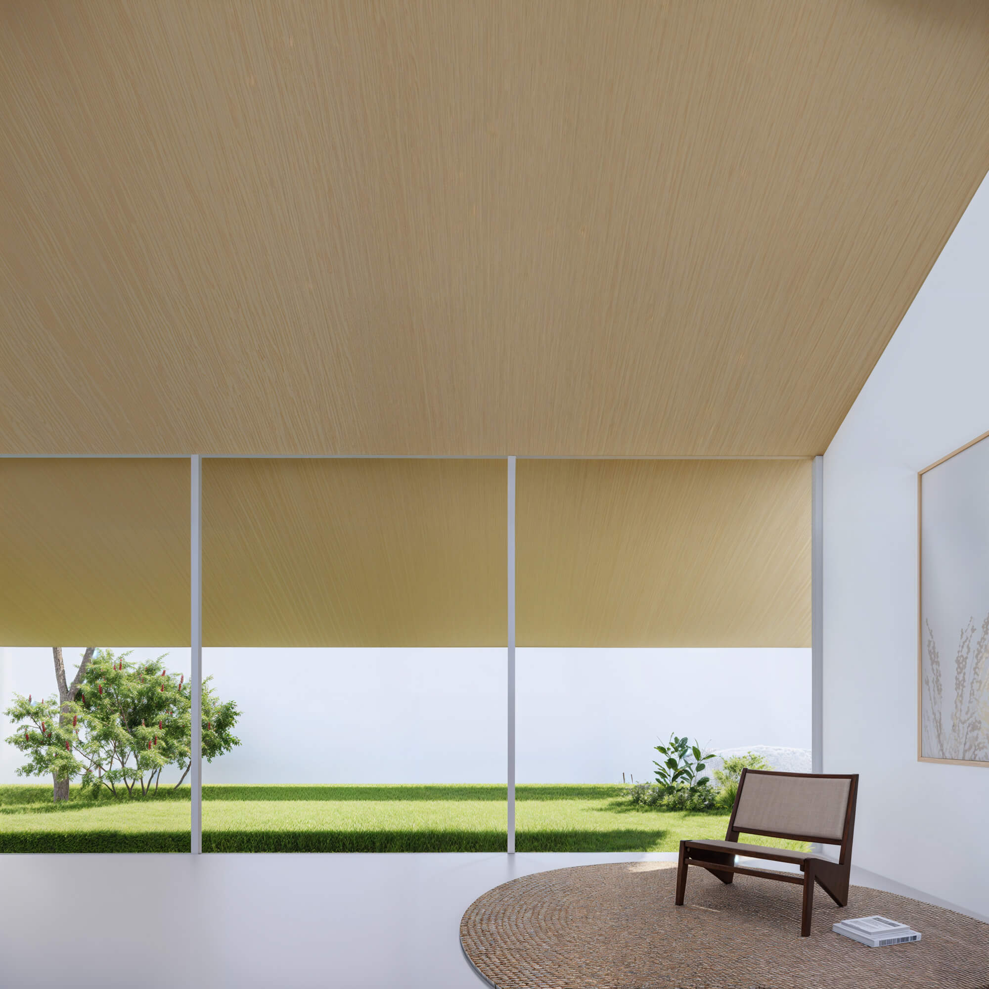 Open living space with simple chairs and a round rug