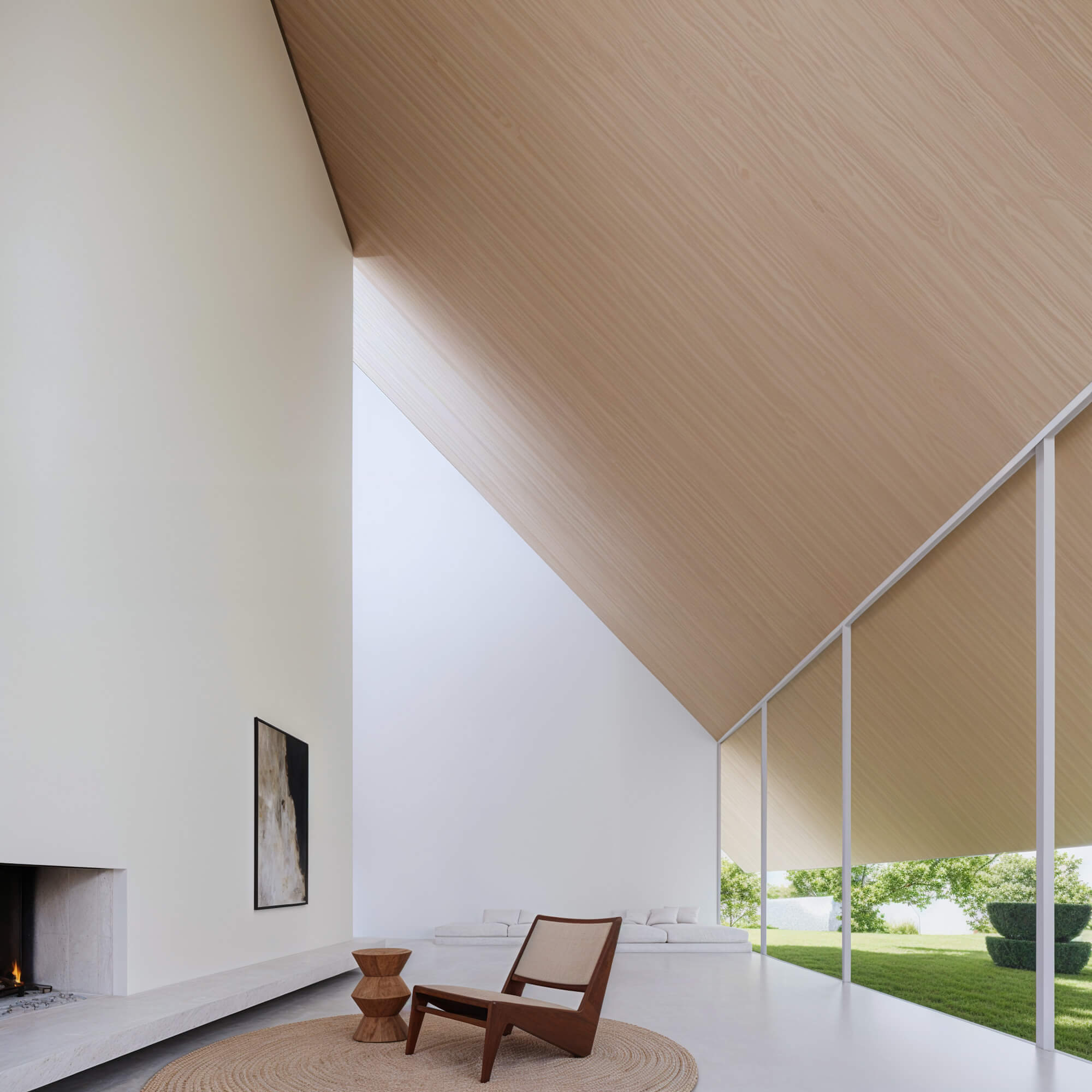 Stylish living room with high ceiling and large windows