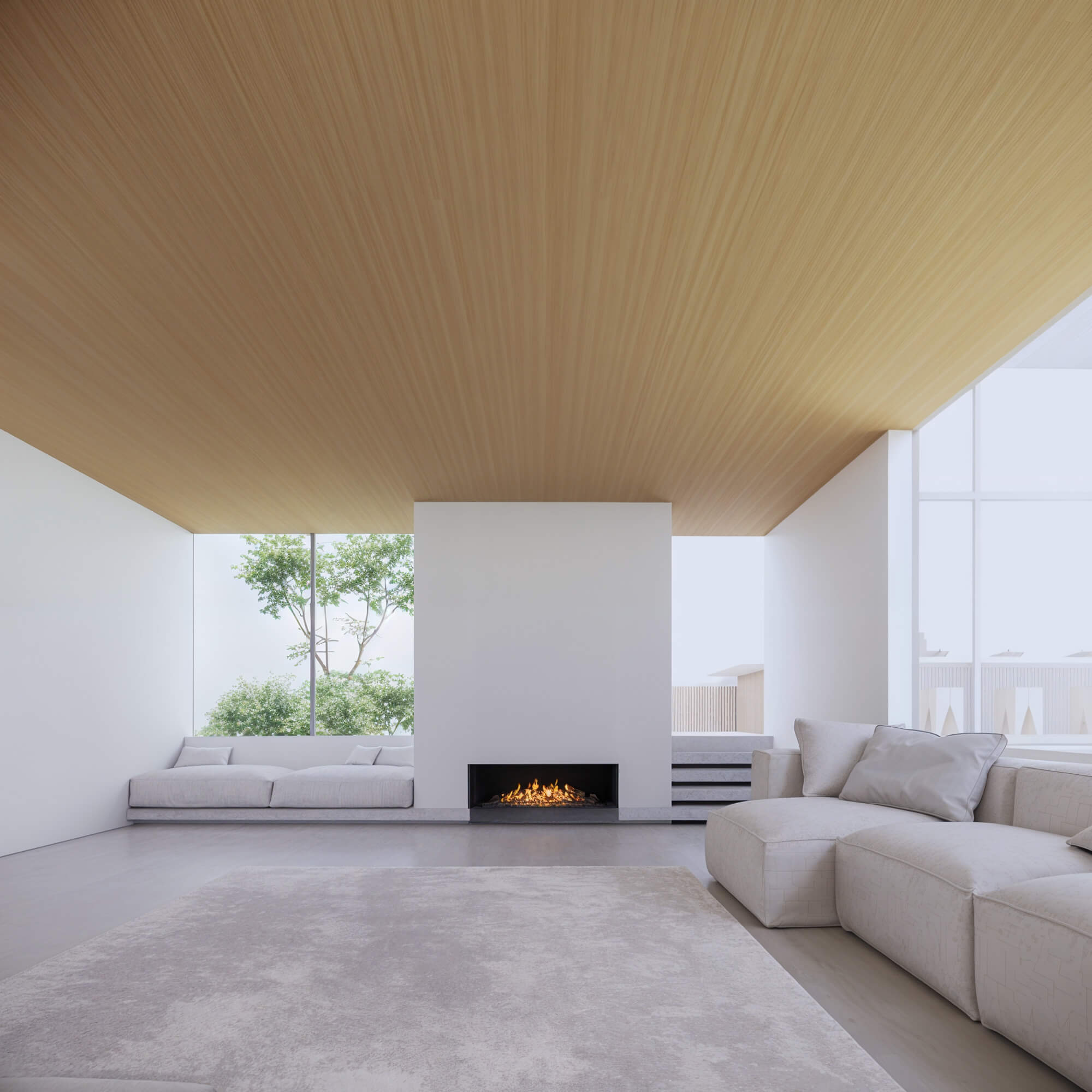 Living space harmonizing white tones with wooden textures and a fireplace