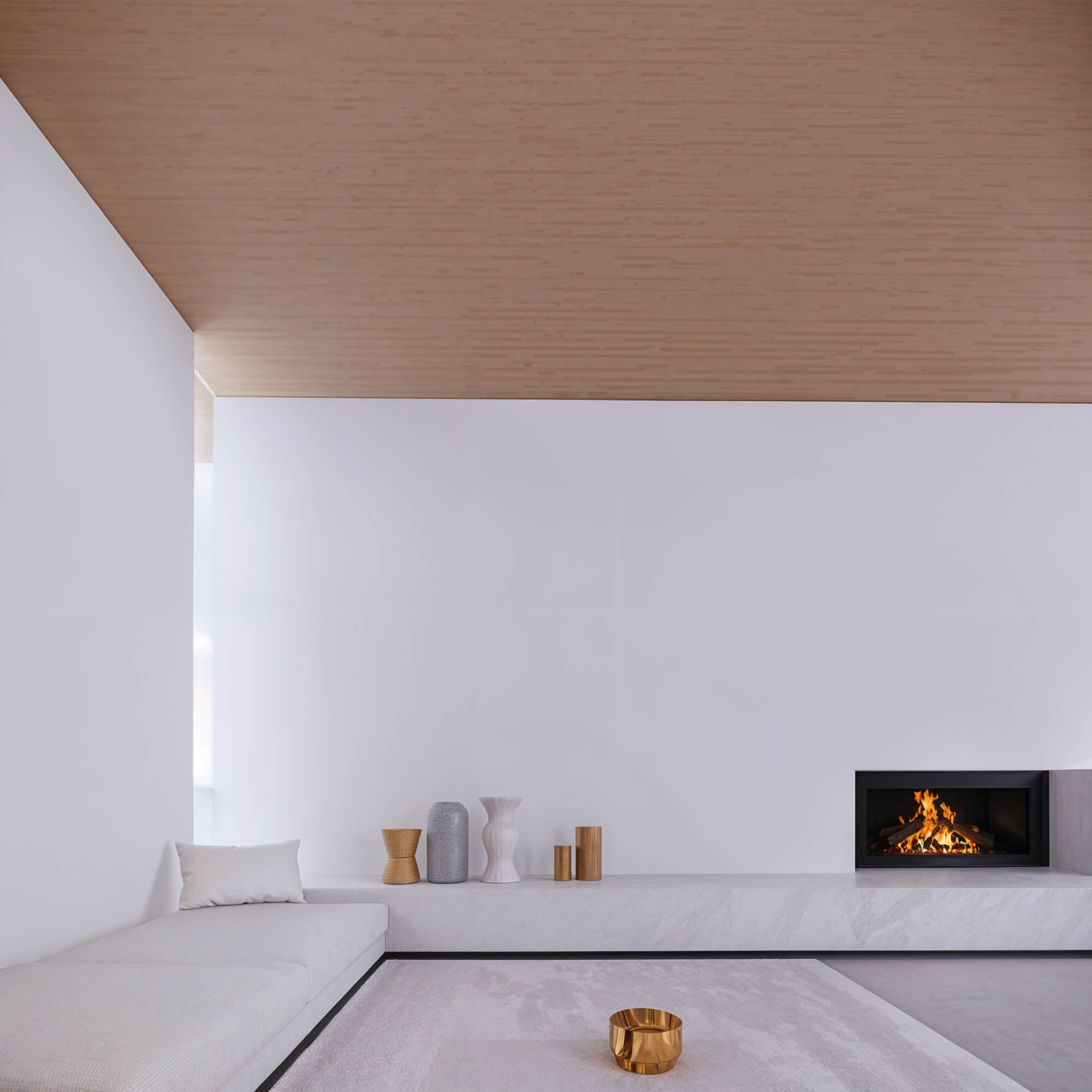 Modern living space with a center table and fireplace
