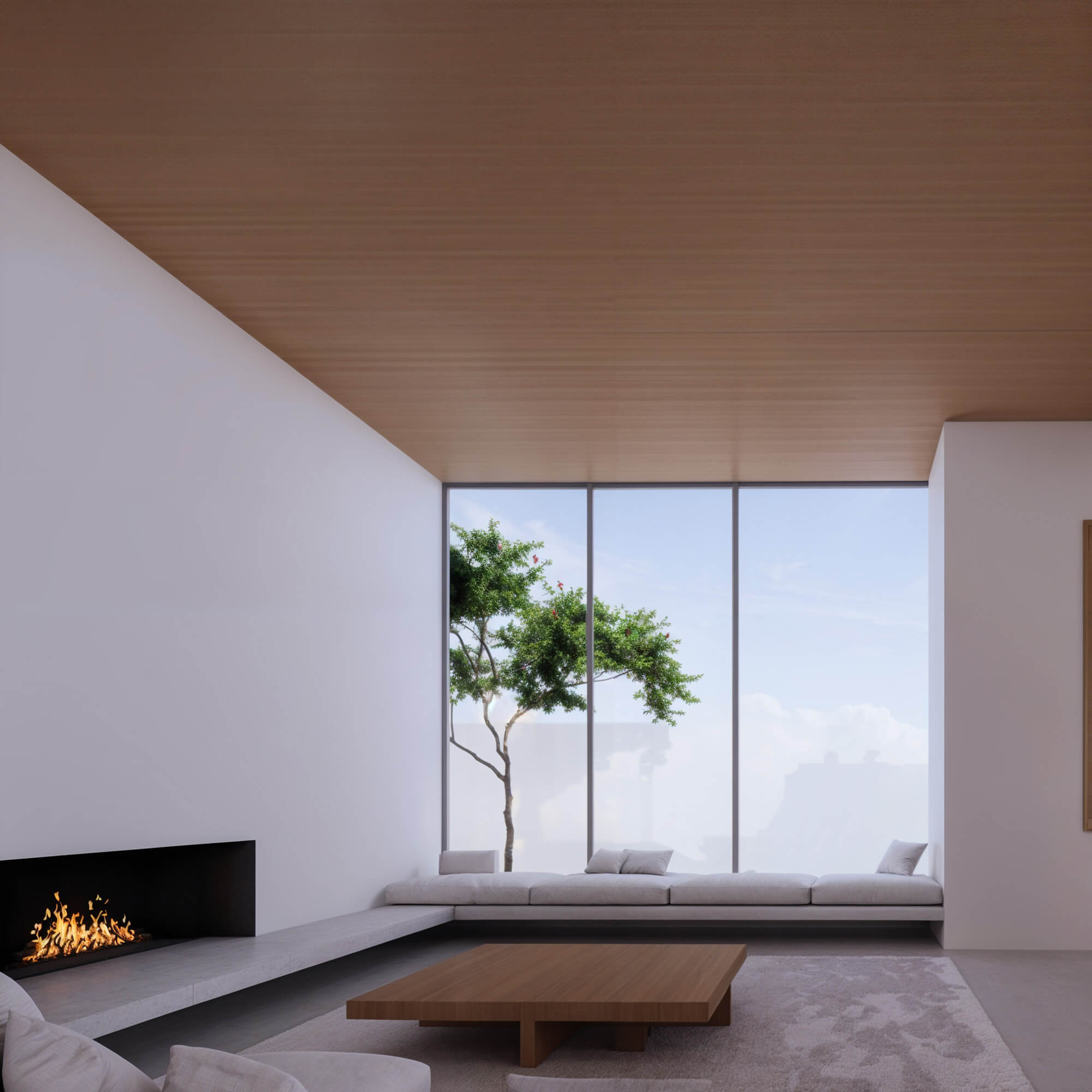 Quiet living space with fireplace and greenery view through the window