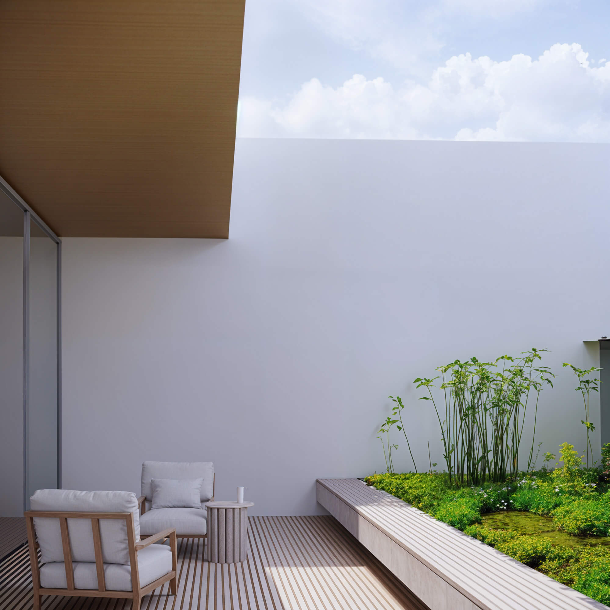 Minimal courtyard with greenery in an exterior space