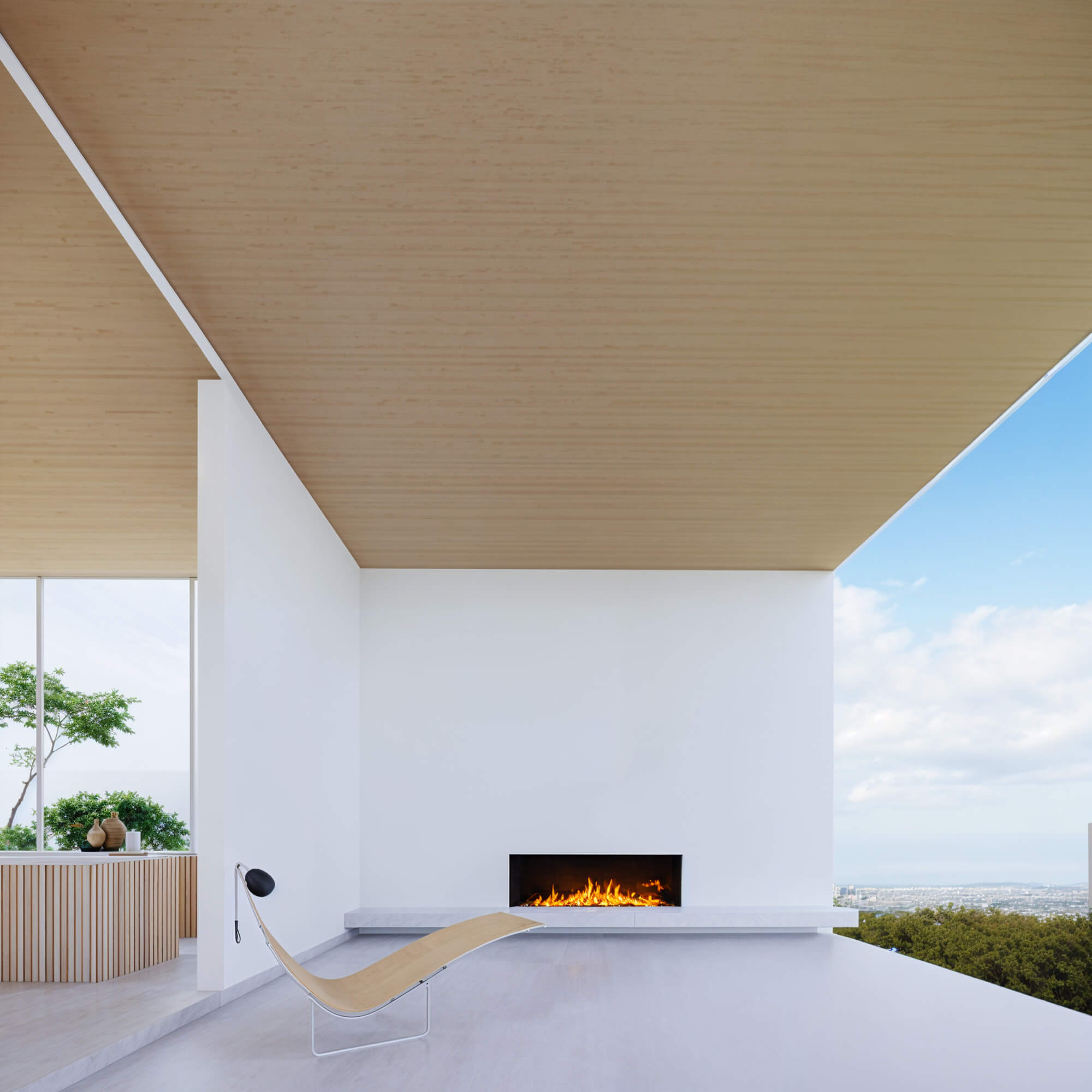 Semi-outdoor space with a fireplace and relaxing chairs