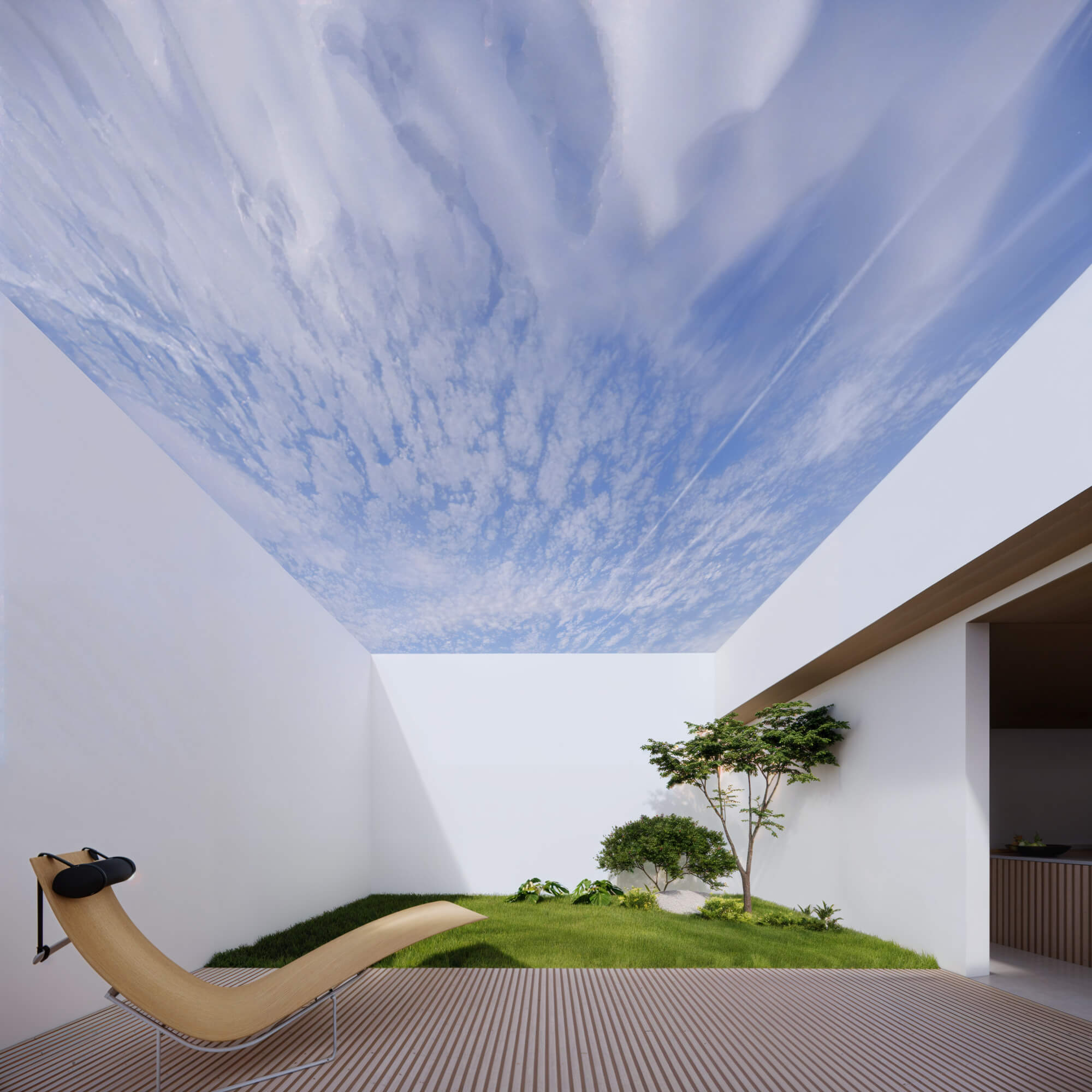 Outdoor space with lawn, trees, and drifting clouds