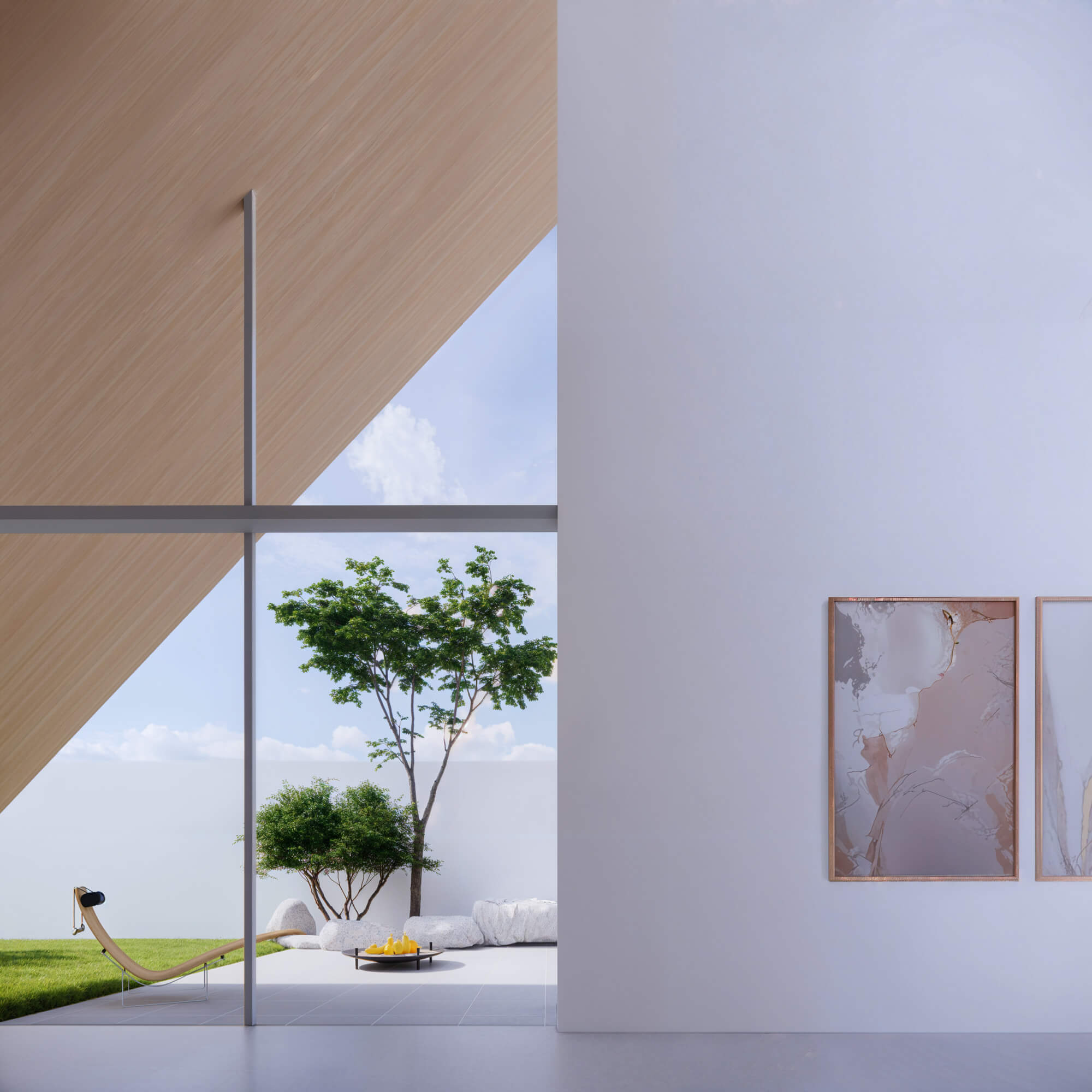 Exterior view with greenery and art seen from indoors