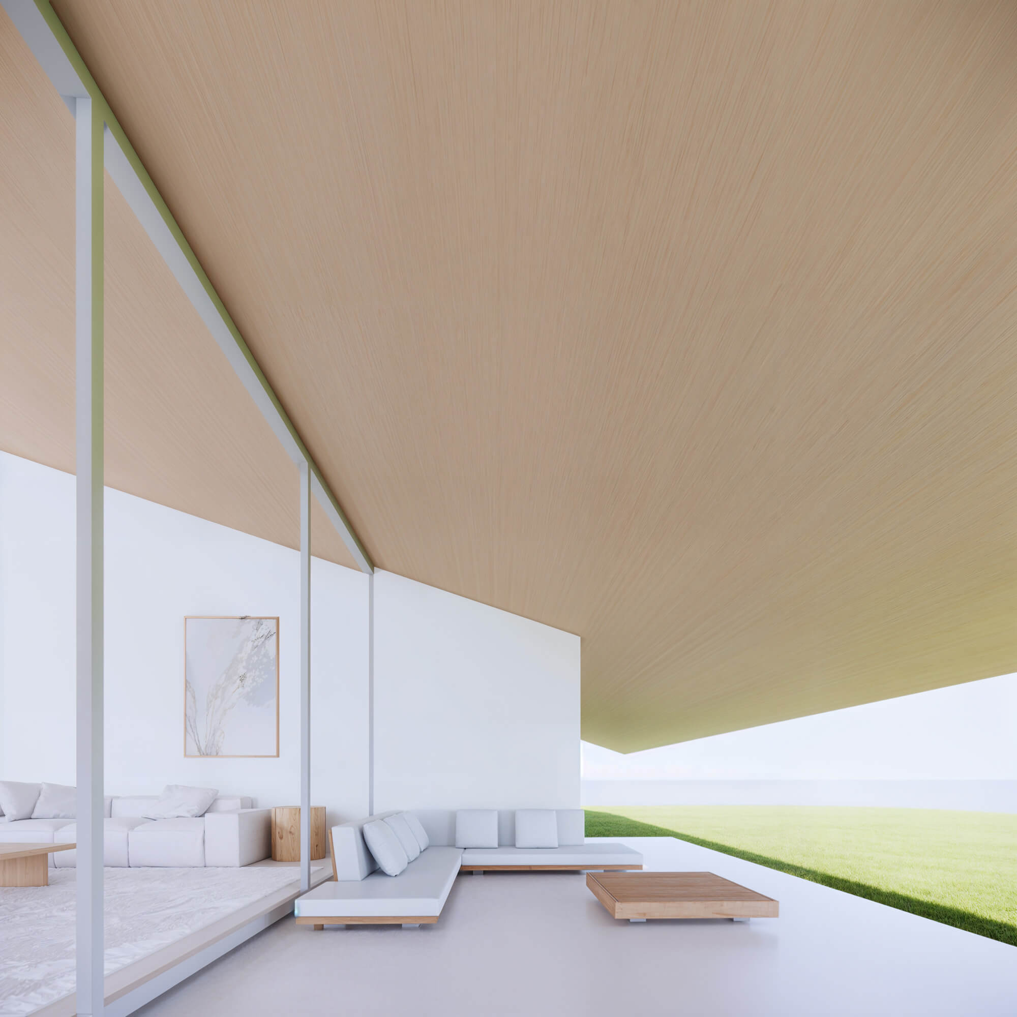 Terrace with sofa and plants under a sloped ceiling