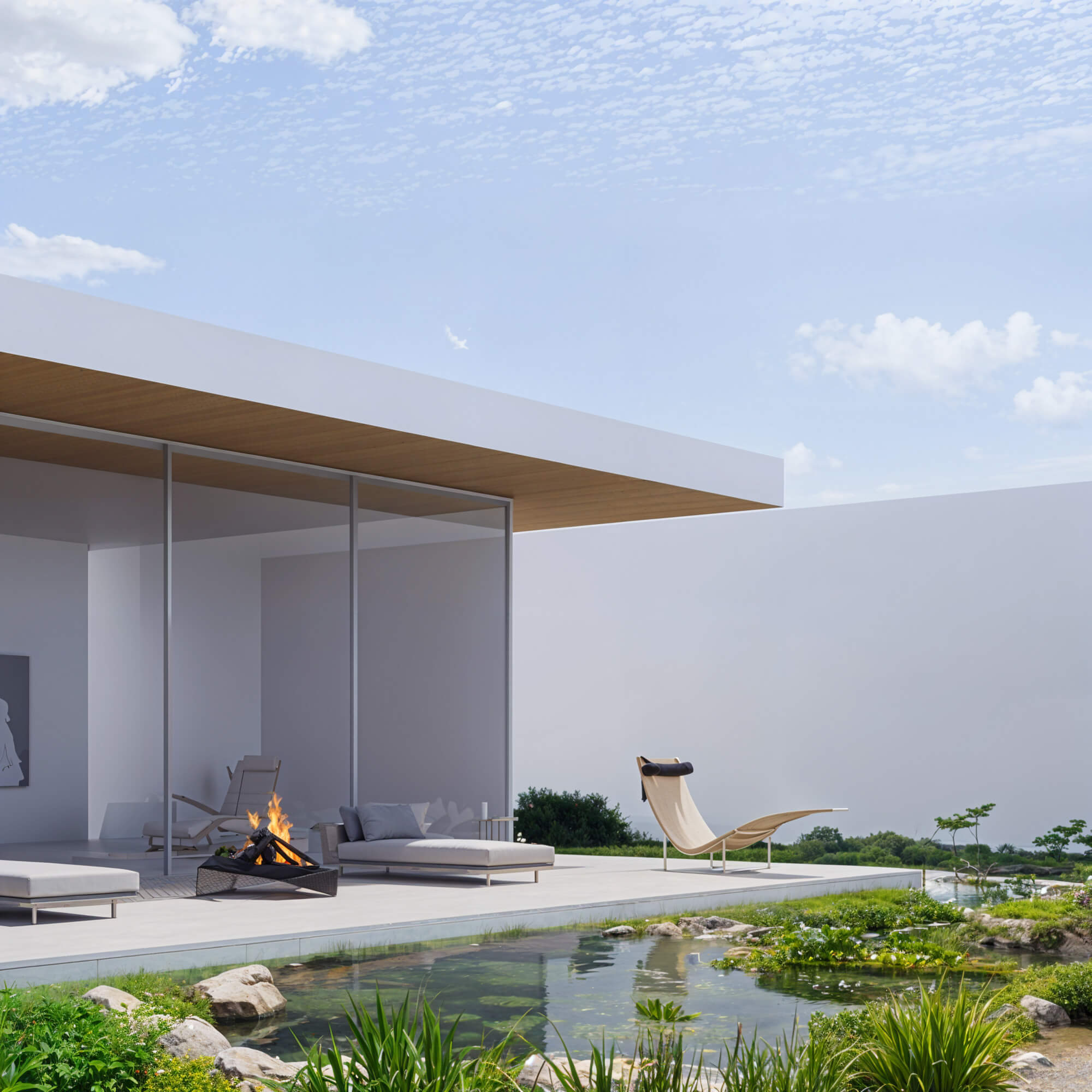 Living space with a covered wooden deck and outdoor fire pit