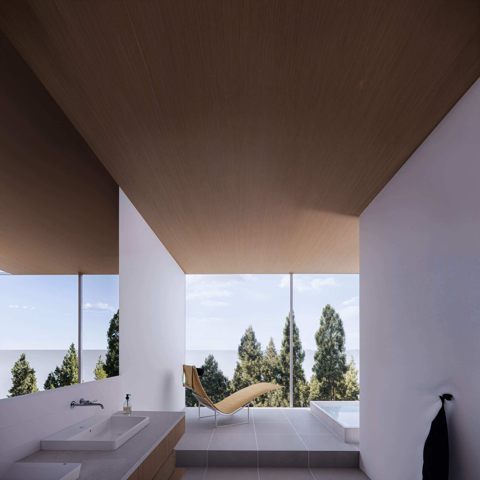 Washroom with a large window offering views of nature