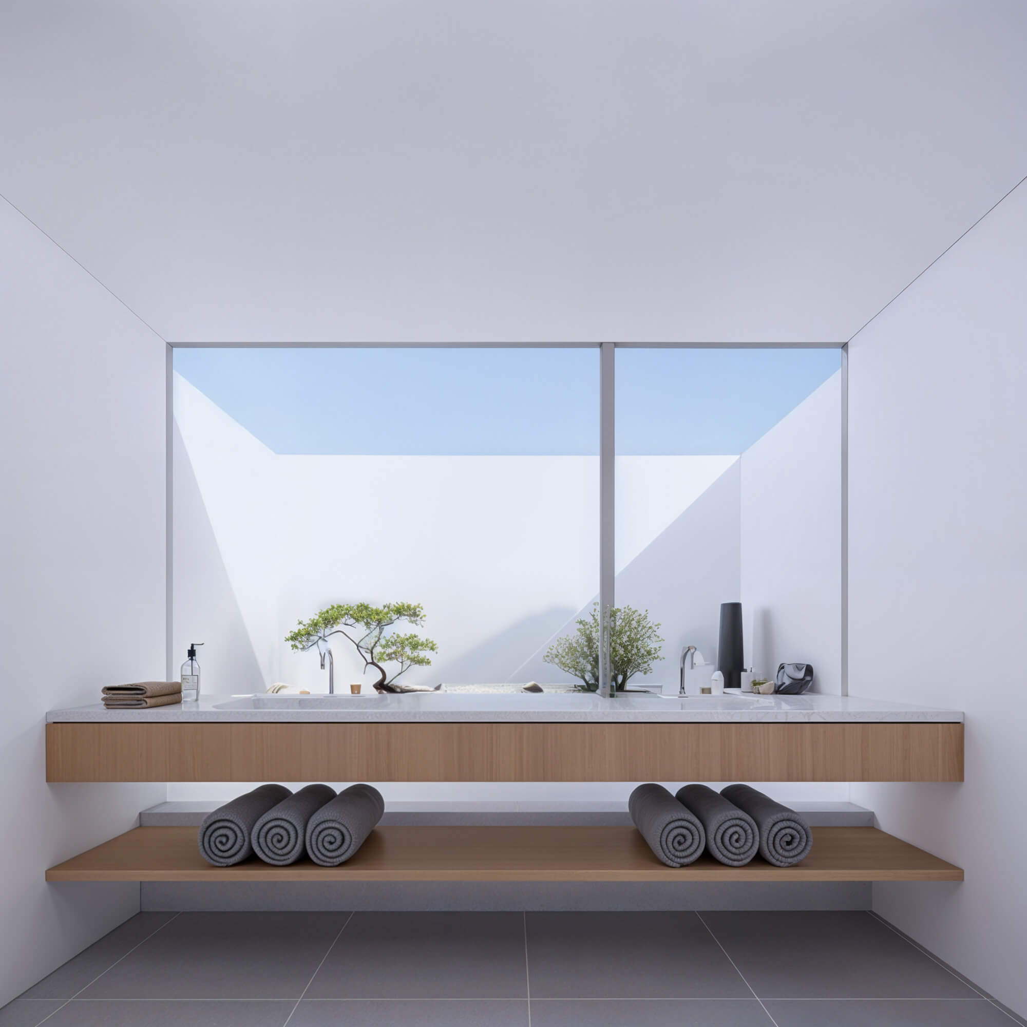 Spacious washroom with shelving and a large opening